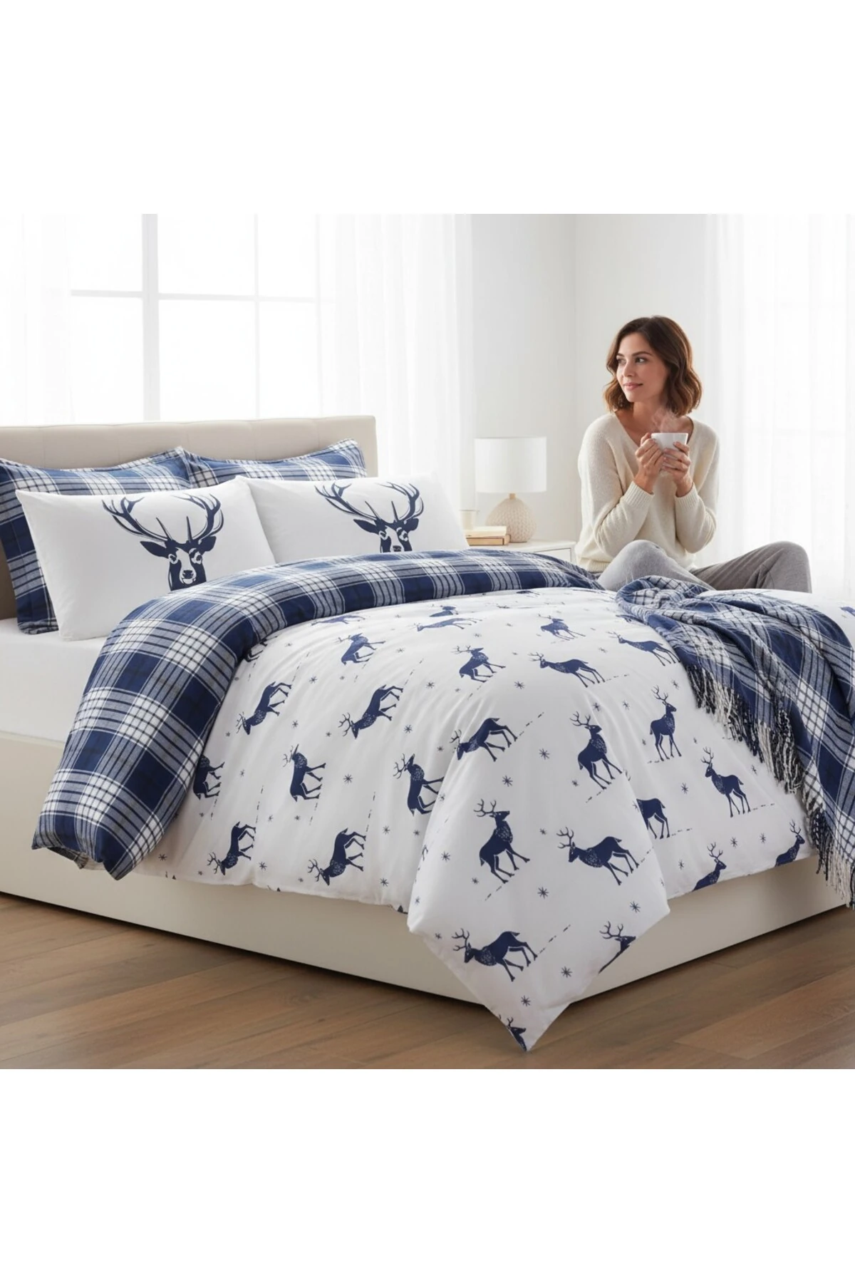 Kolay Ütülenir Tek Kişilik Nevresim Takımı Lacivert Geyik