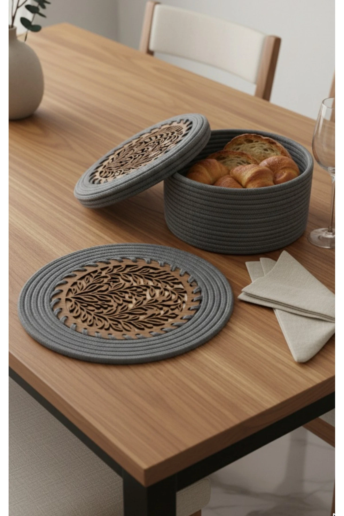 4 lü Ahşap Detaylı Jüt Supla Takımı ve Ekmek Sepeti Antrasit / Şık Özel Tasarım / Comfort Table Mat