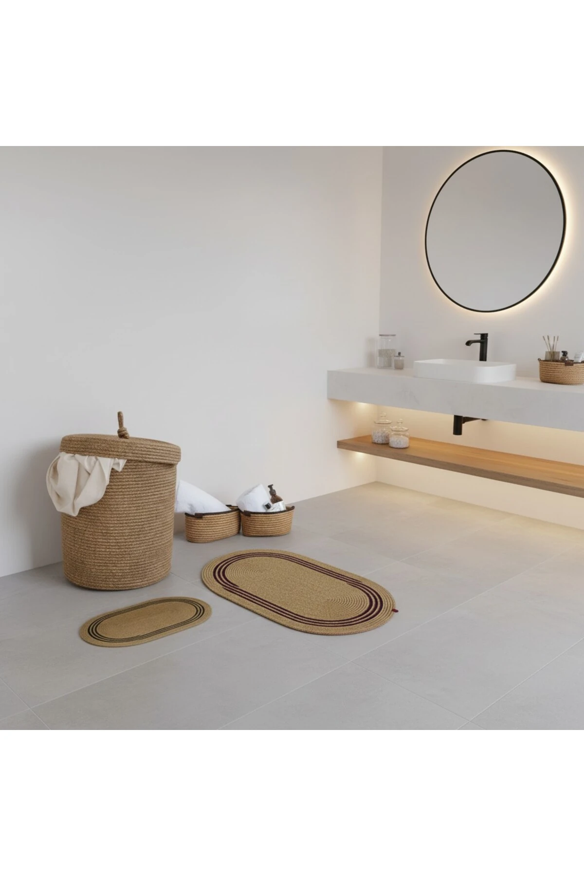 Hasır / Jüt 5 Parça Siyah Çizgili Banyo Paspas Takımı | Kirli Sepeti | Oval Sepetler