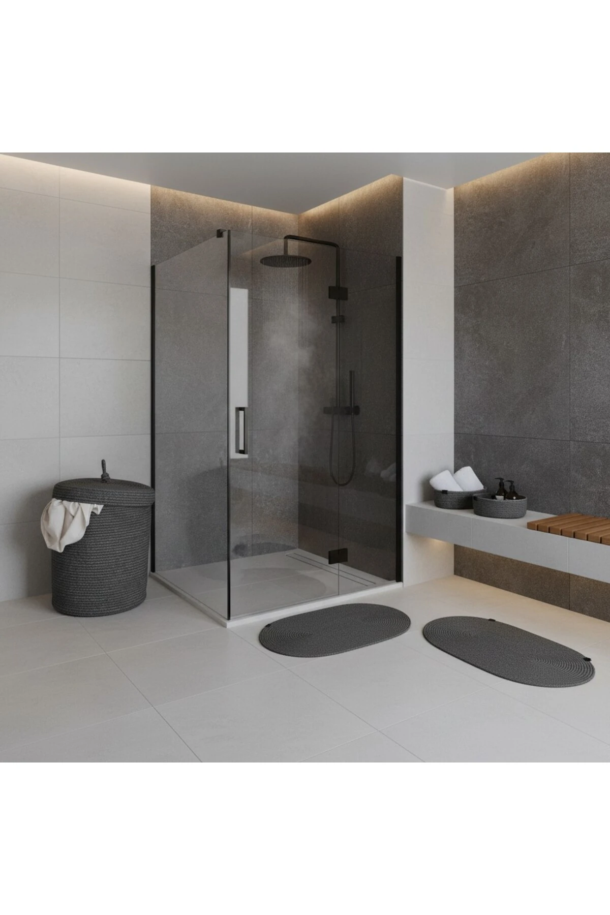 Hasır / Jüt 5 Parça Antrasit Banyo Paspas Takımı | Kirli Sepeti | Oval Sepetler