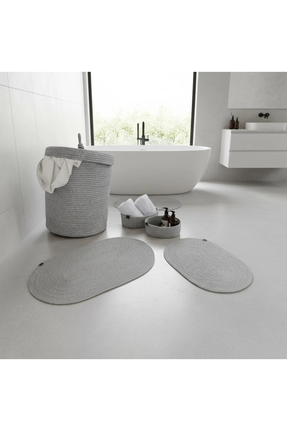 Hasır / Jüt 5 Parça Gri Banyo Paspas Takımı | Kirli Sepeti | Oval Sepetler