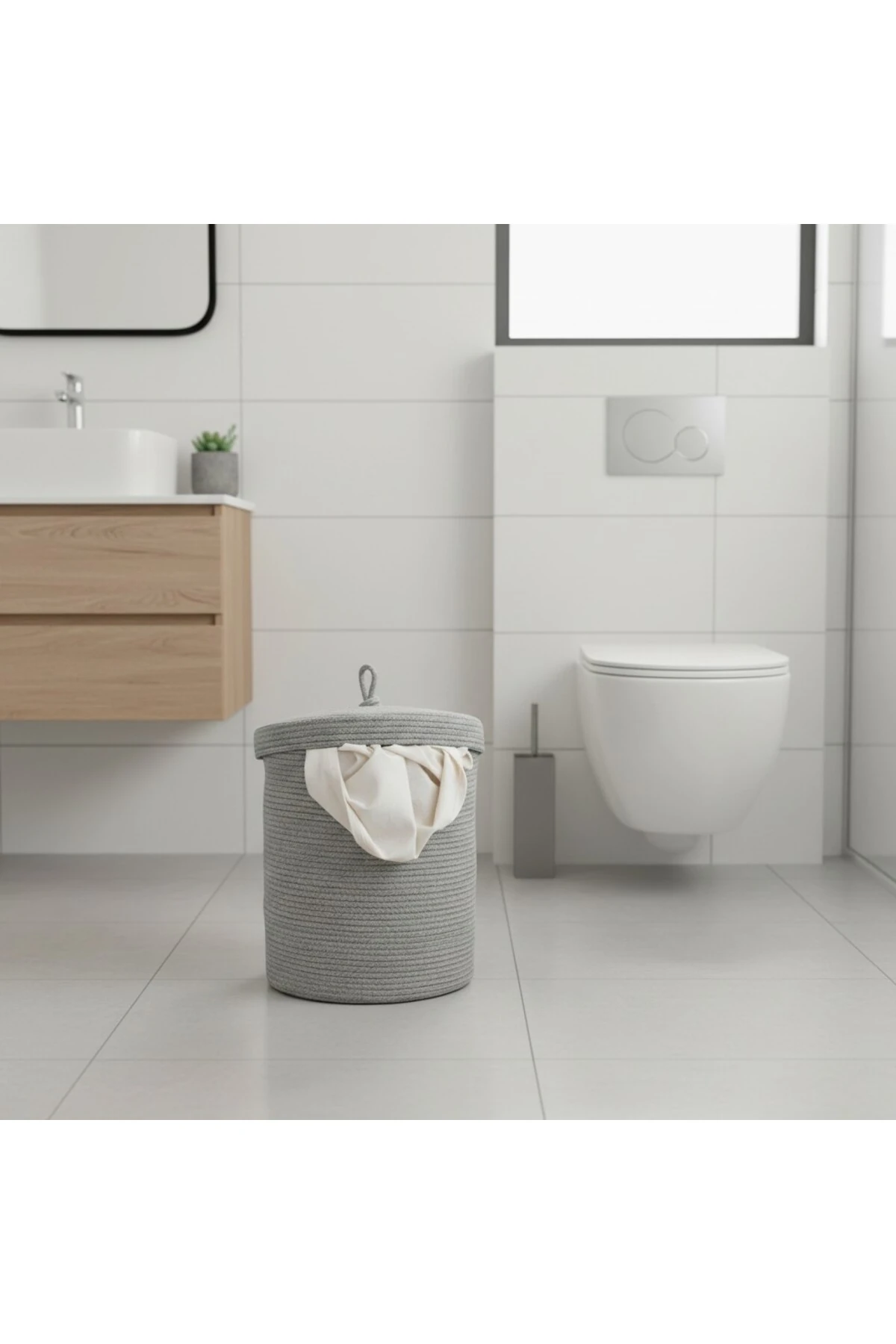 Jüt Kapaklı Hasır Kirli Çamaşır Sepeti Gri | Oyuncak, Banyo Organizeri | 35x40 Cm |