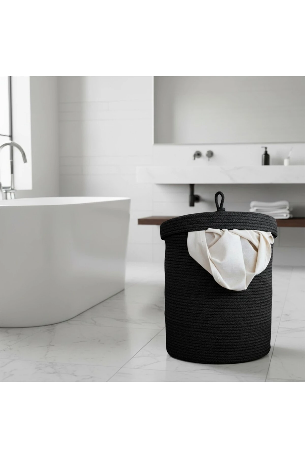 Jüt Kapaklı Hasır Kirli Çamaşır Sepeti Siyah | Oyuncak, Banyo Organizeri | 35x40 Cm
