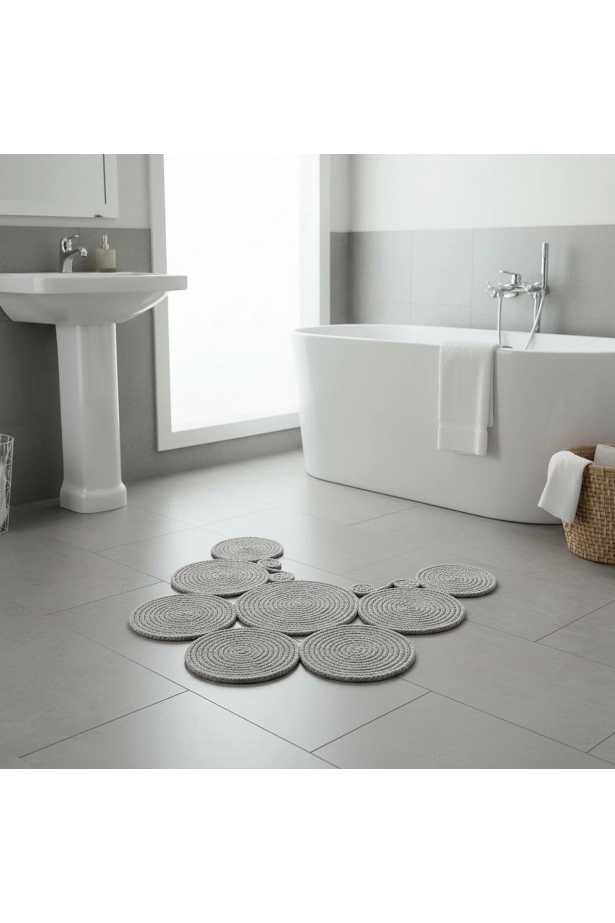 Jüt Hasır Görünümlü | Gri Renk | Çift Taraflı Yıkanabilir Banyo Paspası | Klozet Önü | Leke Tutmaz
