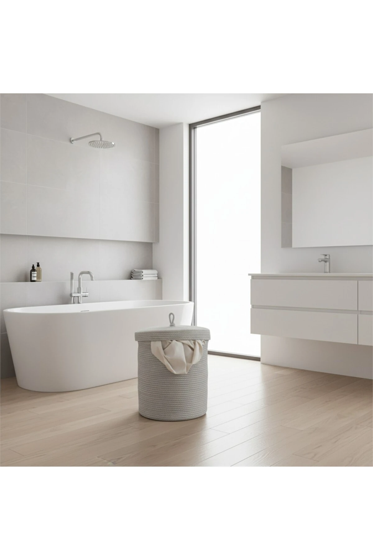 Jüt Kapaklı Hasır Kirli Çamaşır Sepeti Gri | Oyuncak, Banyo Organizeri | 35x40 Cm |