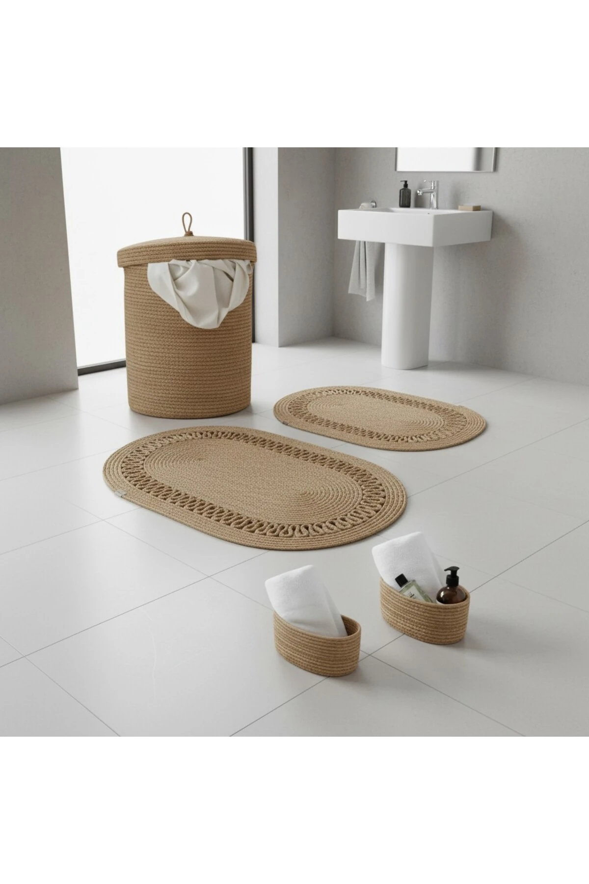 Hasır / Jüt 5 Parça Hasır Trikotlu Banyo Paspas Takımı | Kirli Sepeti | Oval Sepetler