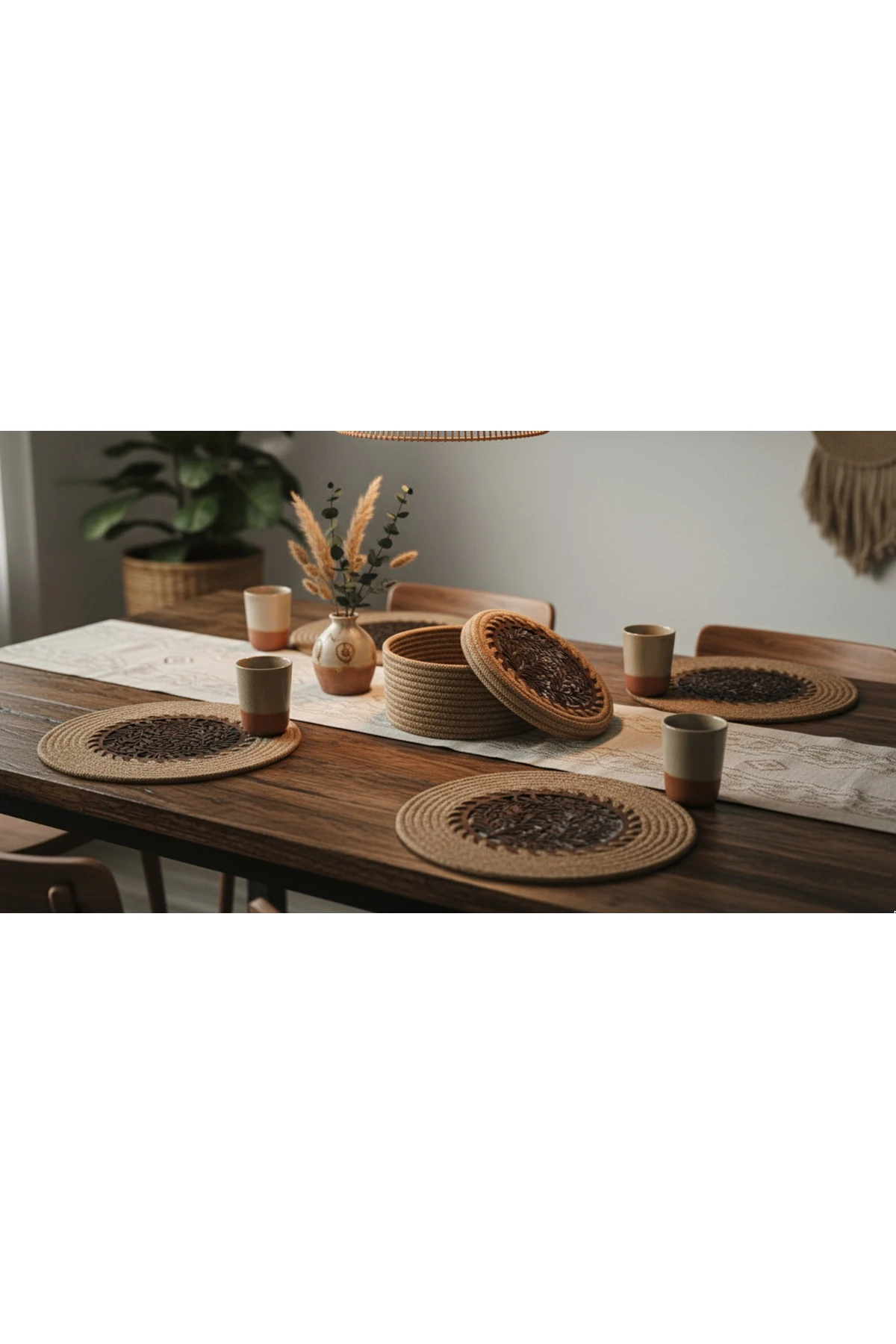 4 lü Ahşap Detaylı Jüt Supla Takımı ve Ekmek Sepeti Hasır / Şık Özel Tasarım / Comfort Table Mat