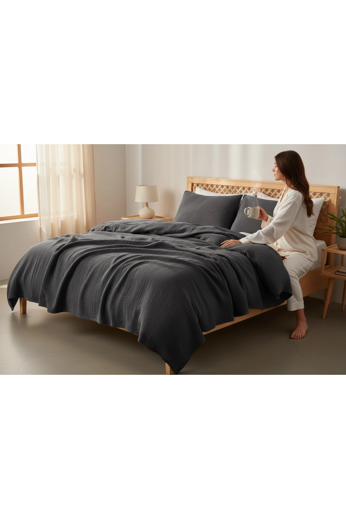 Çift Kişilik Yatak Örtüsü Seti-230x250 Cm 4 Katlı Müslin yazlık Pike & Yastık Kılıfı (3 PARÇA)