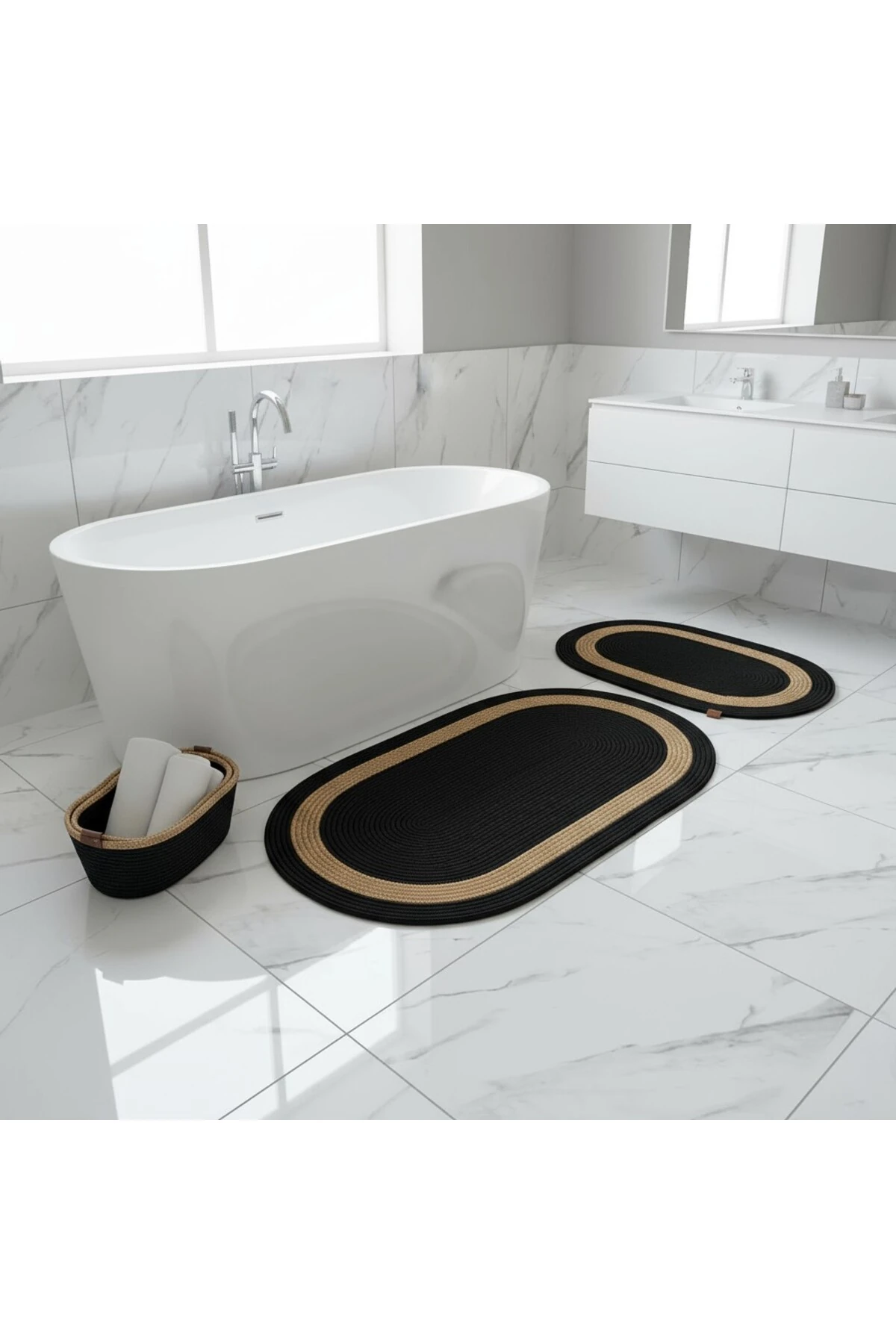 Siyah Hasır / Jüt 4 Parça Hasır Şeritli Banyo Paspas Takımı | Oval Sepet, Paspas Ve Dekor Seti