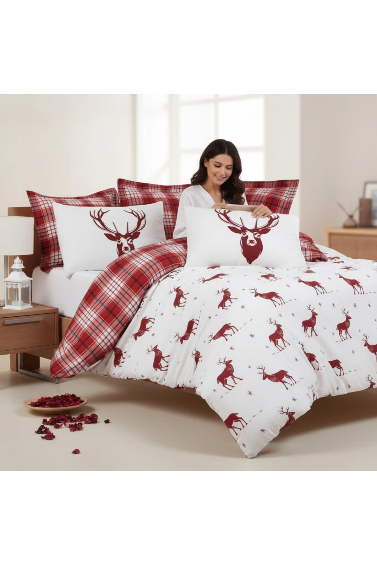 Tek Kişilik Kolay Ütülenir Nevresim Takımı Bordo Geyik