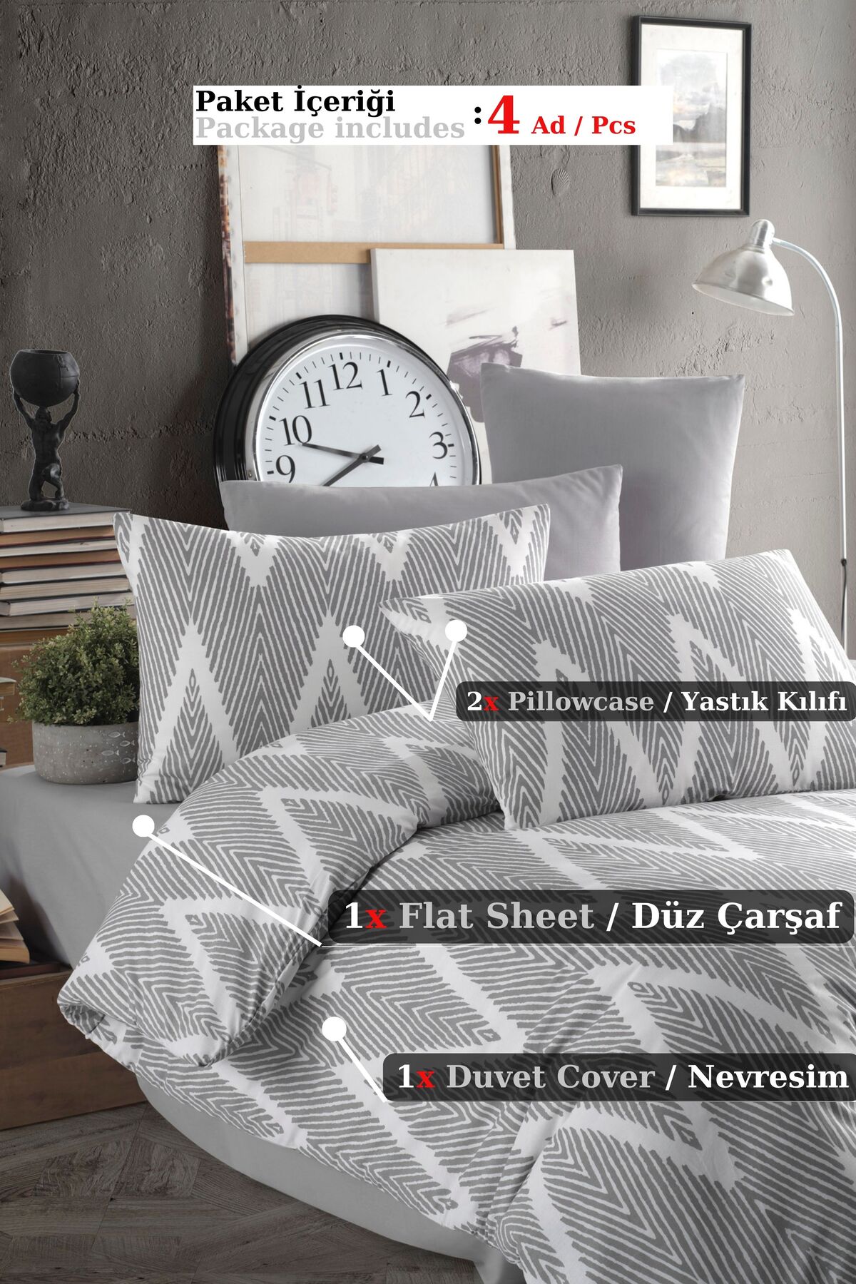 Kolay Ütülenir Baskılı Olivia Gri Nevresim Takımı Çift Kişilik