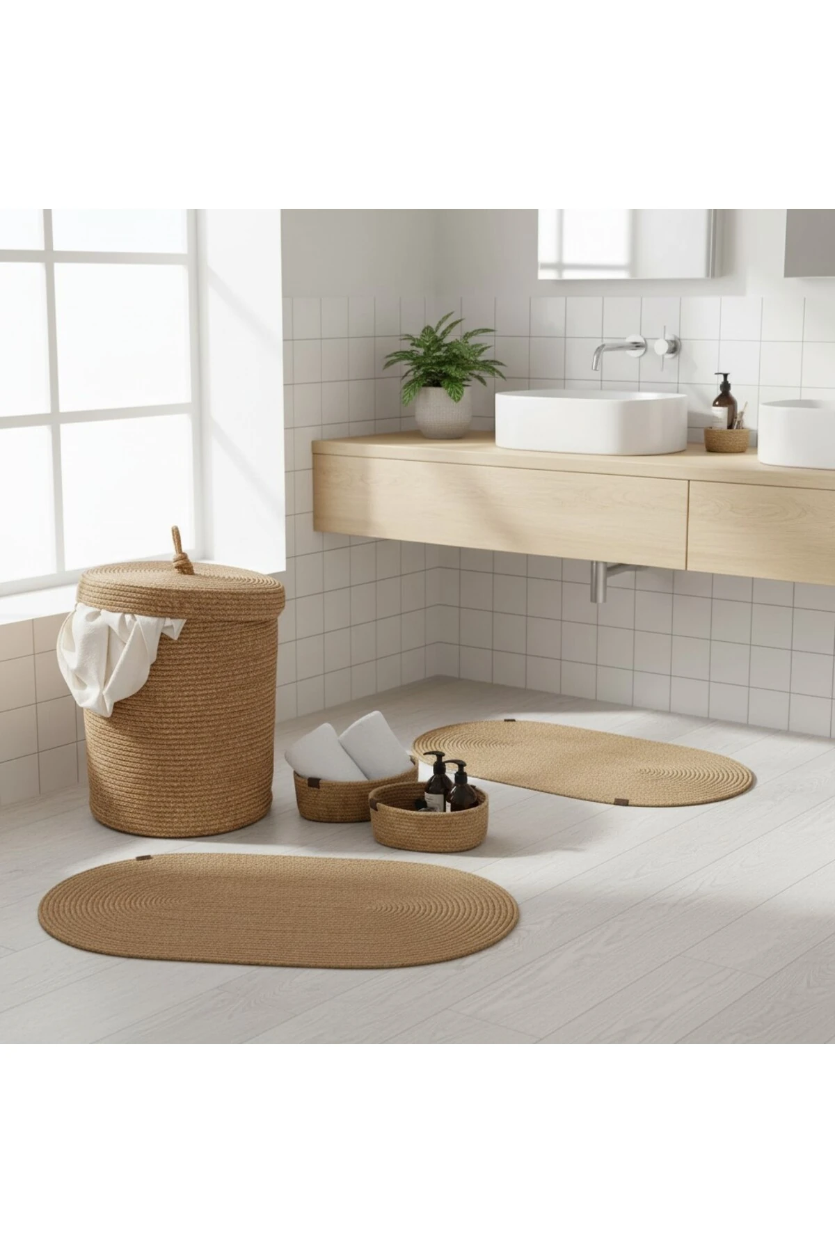 Hasır / Jüt 5 Parça Hasır Banyo Paspas Takımı | Kirli Sepeti | Oval Sepetler