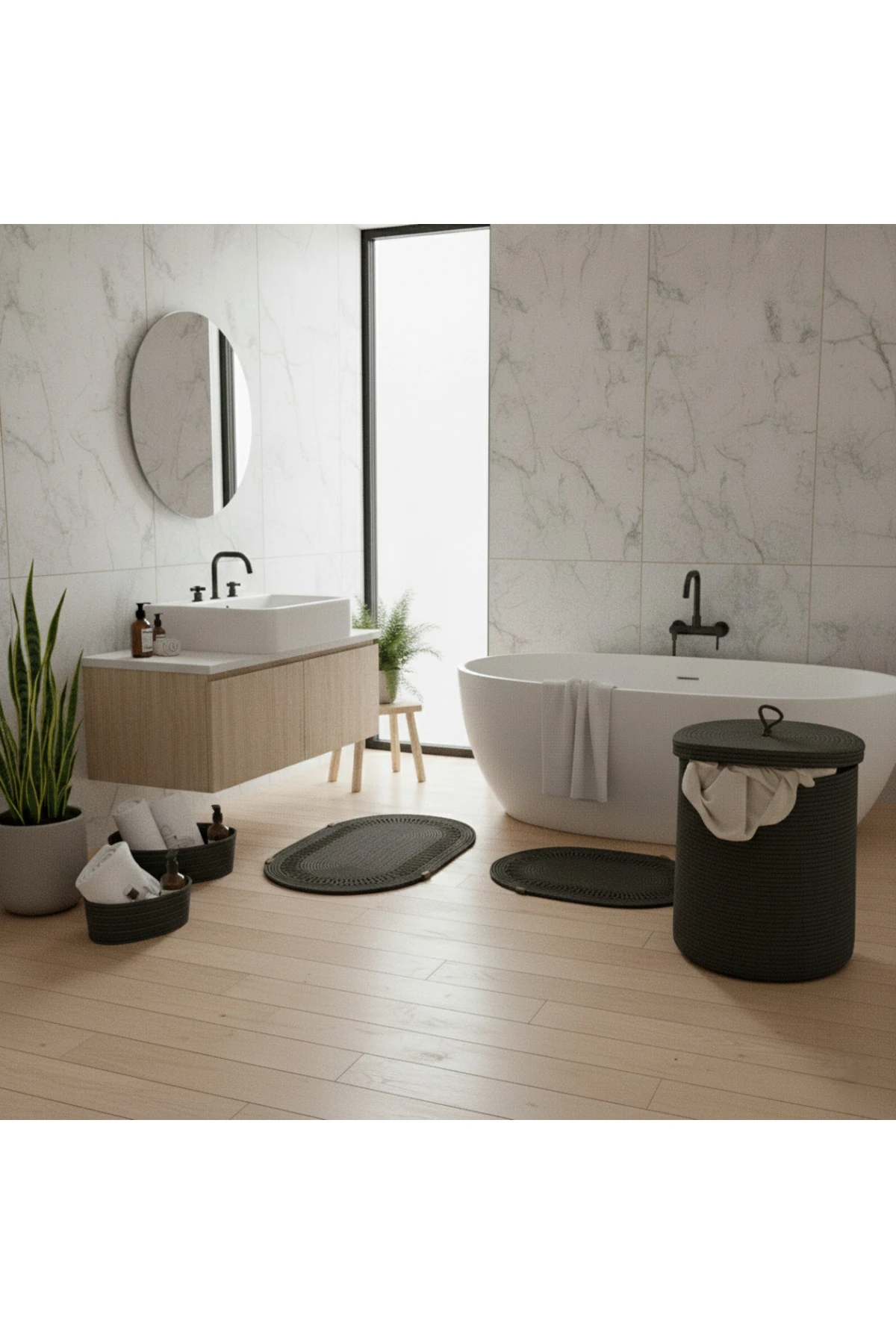 Hasır / Jüt 5 Parça Antrasit Trikotlu Banyo Paspas Takımı | Kirli Sepeti | Oval Sepetler