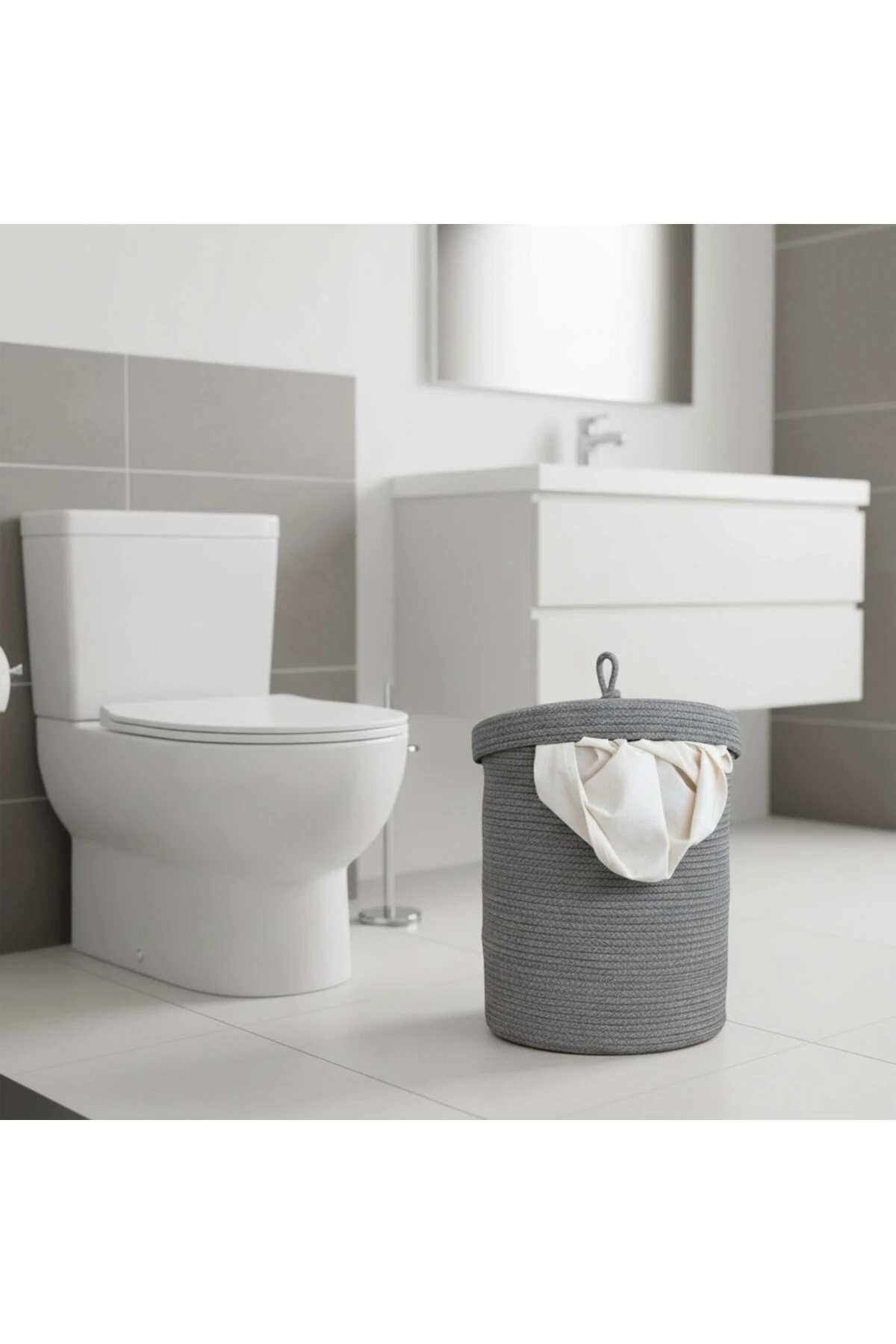 Jüt Kapaklı Hasır Kirli Çamaşır Sepeti Gri | Oyuncak, Banyo Organizeri | 35x40 Cm |