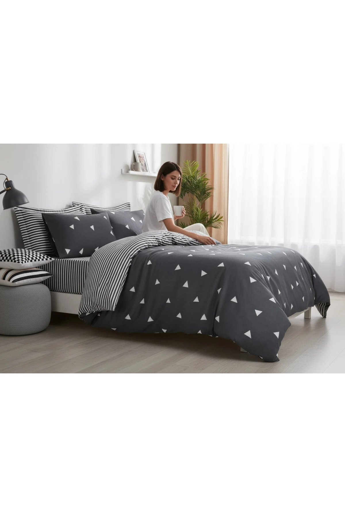 Nevresim Seti Çift Kişilik Mature Üçgen Gri