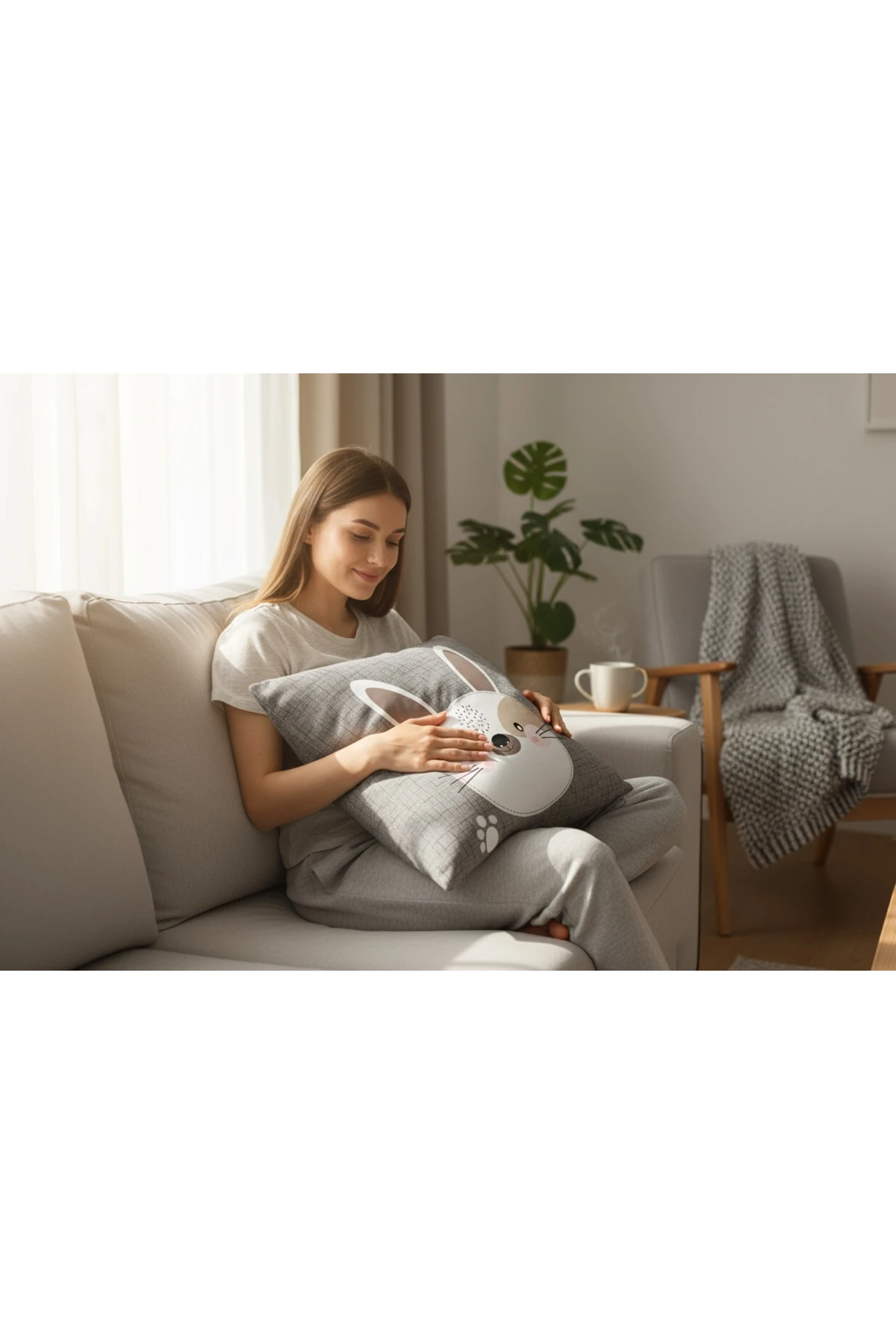 Gri Yastık Kılıfı Tavşancık 2li