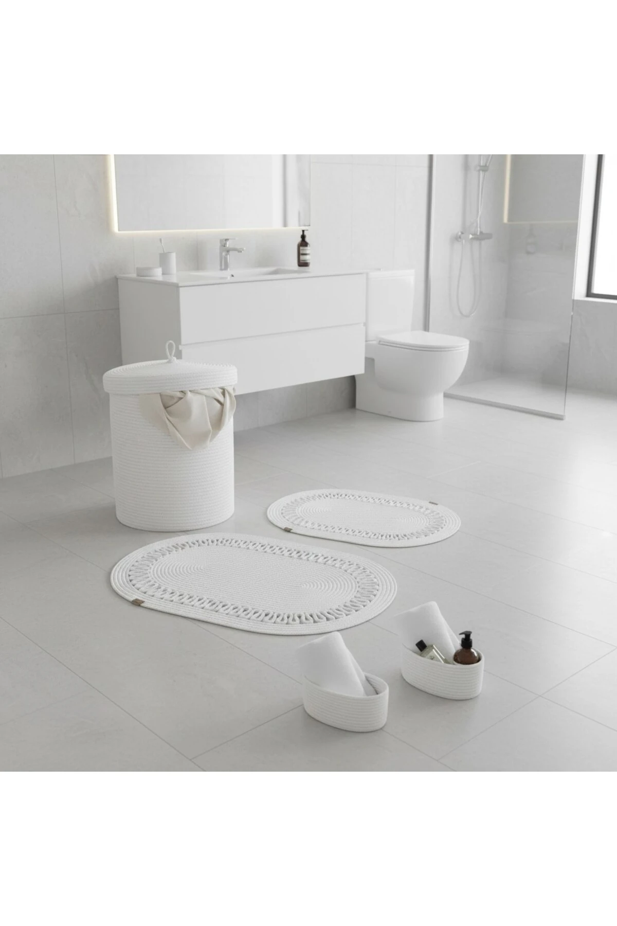 Hasır / Jüt 5 Parça Beyaz Trikotlu Banyo Paspas Takımı | Kirli Sepeti | Oval Sepetler