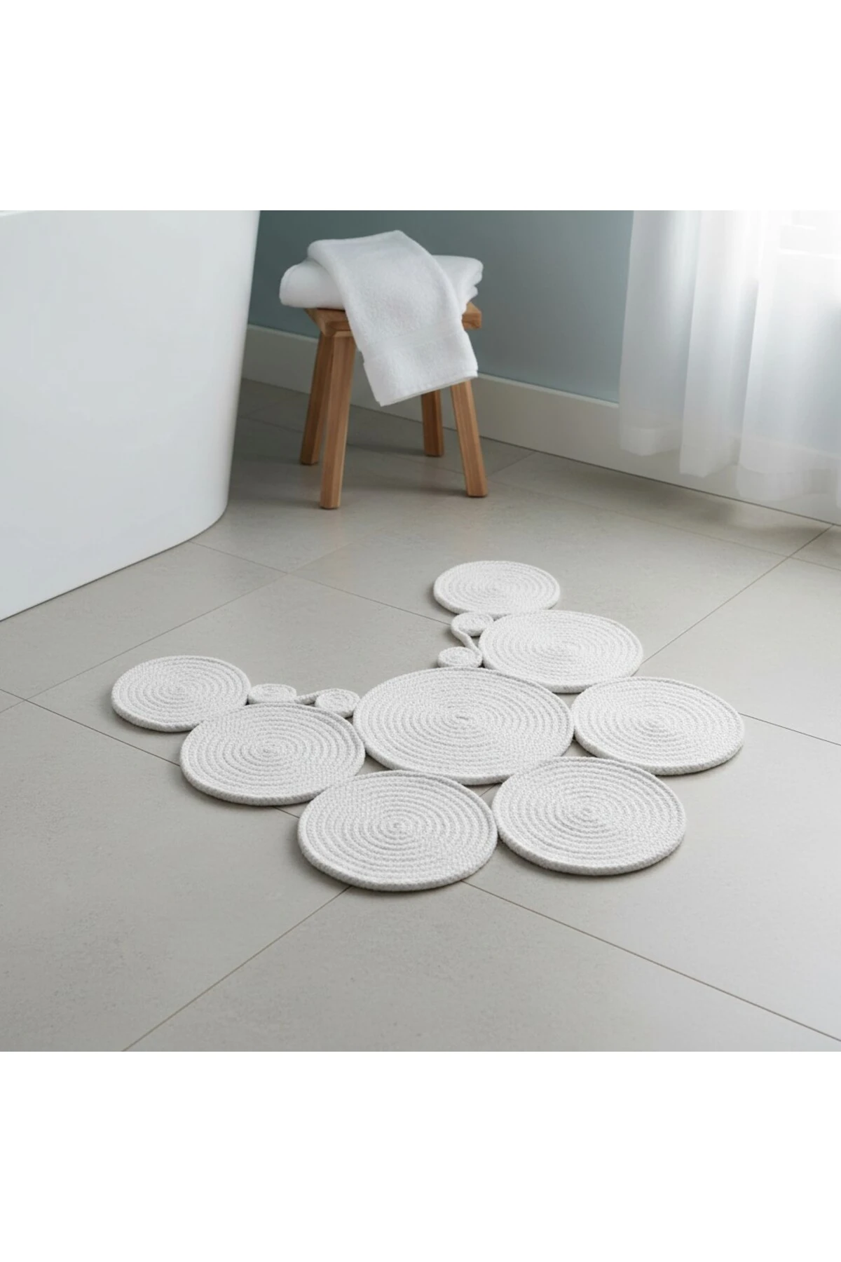 Jüt Hasır Görünümlü | Beyaz Renk | Çift Taraflı Yıkanabilir Banyo Paspası | Klozet Önü | Leke Tutmaz