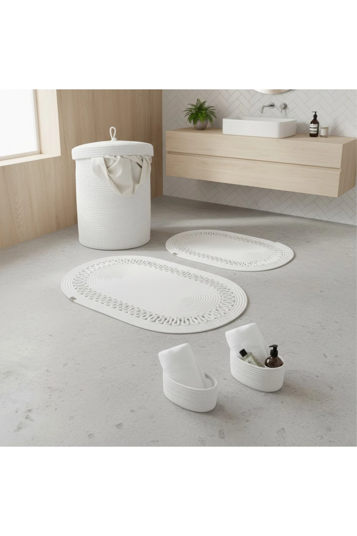 Hasır / Jüt 5 Parça Beyaz Trikotlu Banyo Paspas Takımı | Kirli Sepeti | Oval Sepetler