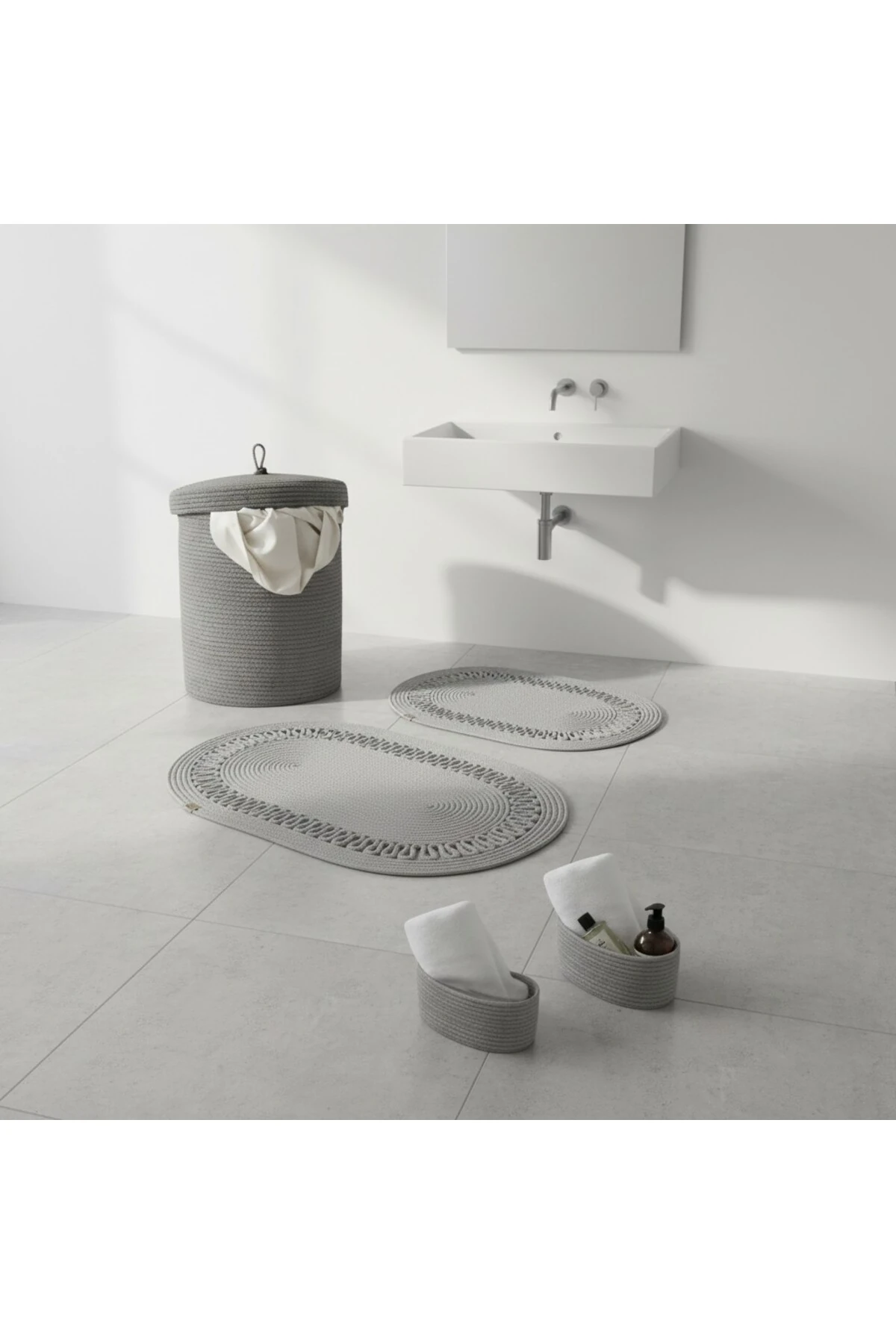 Hasır / Jüt 5 Parça Gri Trikotlu Banyo Paspas Takımı | Kirli Sepeti | Oval Sepetler