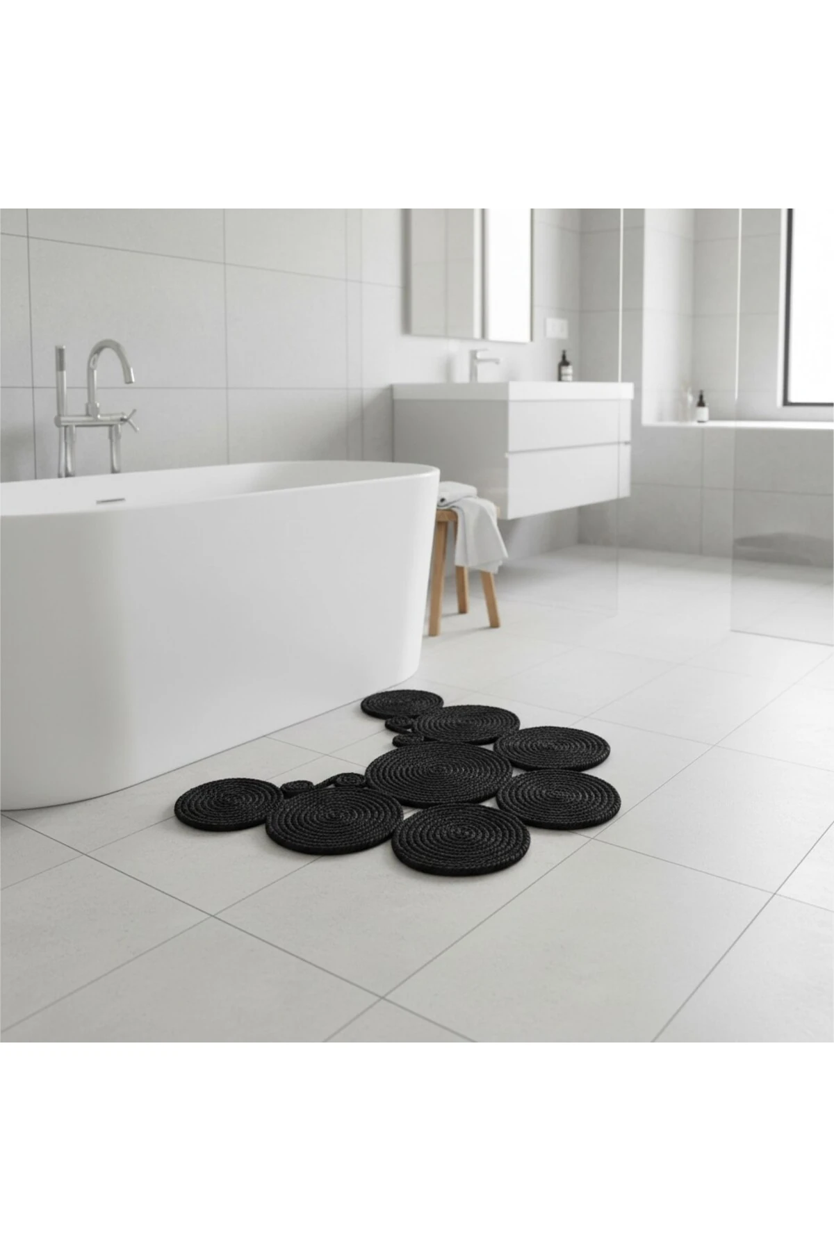 Jüt Hasır Görünümlü | Siyah Renk | Çift Taraflı Yıkanabilir Banyo Paspası | Klozet Önü | Leke Tutmaz