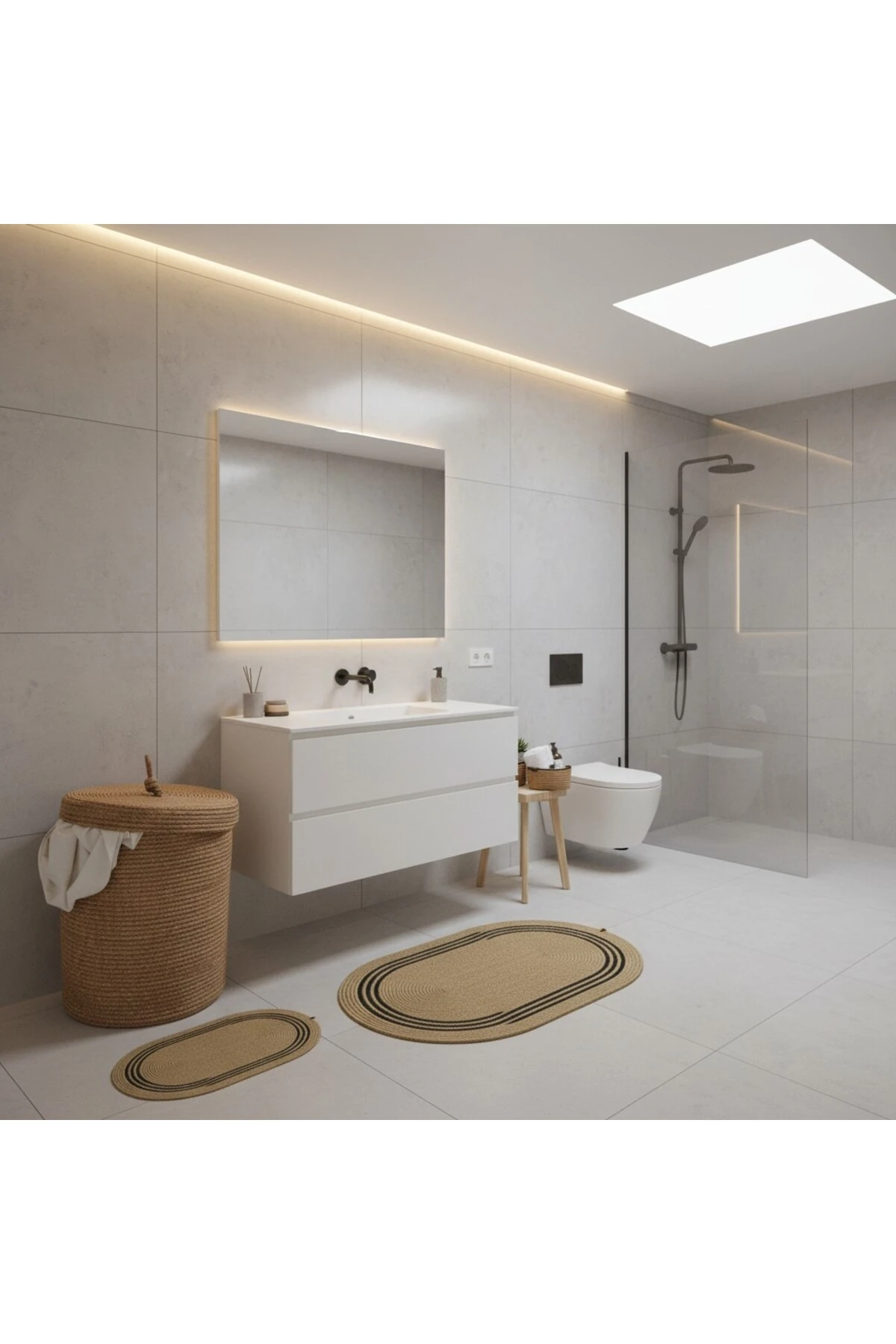 Hasır / Jüt 5 Parça Siyah Çizgili Banyo Paspas Takımı | Kirli Sepeti | Oval Sepetler