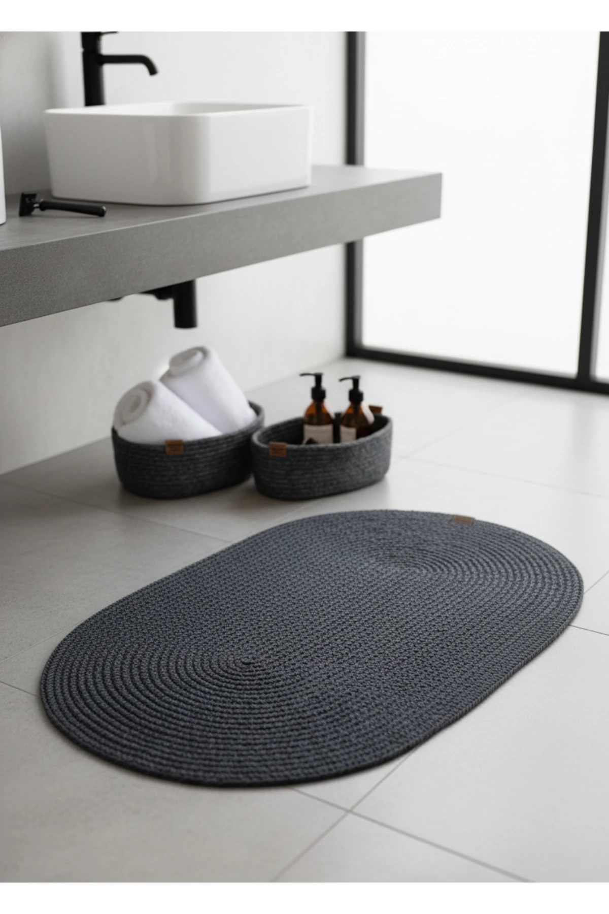 Antrasit Hasır / Jüt 4 Parça Banyo Paspas Takımı | Oval Sepet, Paspas Ve Dekor Seti
