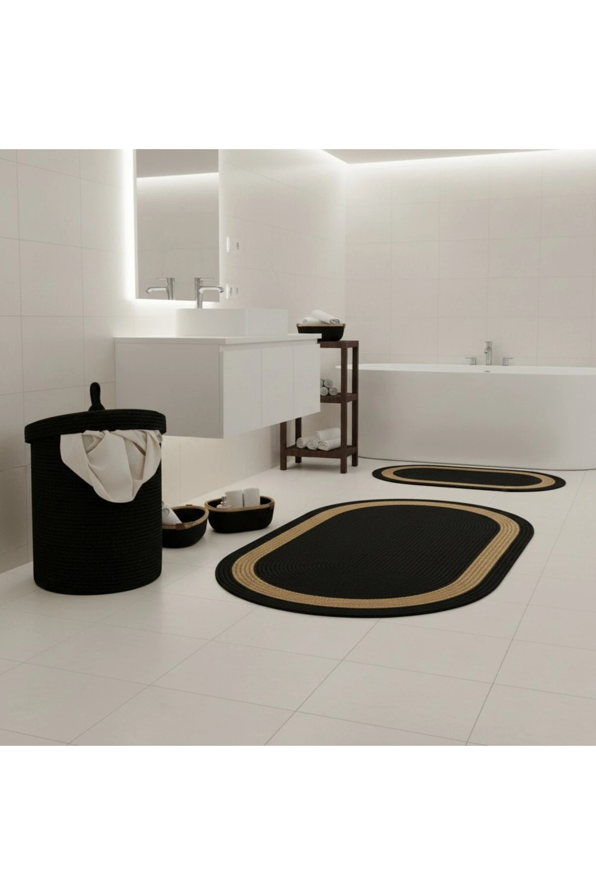 Hasır / Jüt 5 Parça Hasır Şeritli Banyo Paspas Takımı | Kirli Sepeti | Oval Sepetler