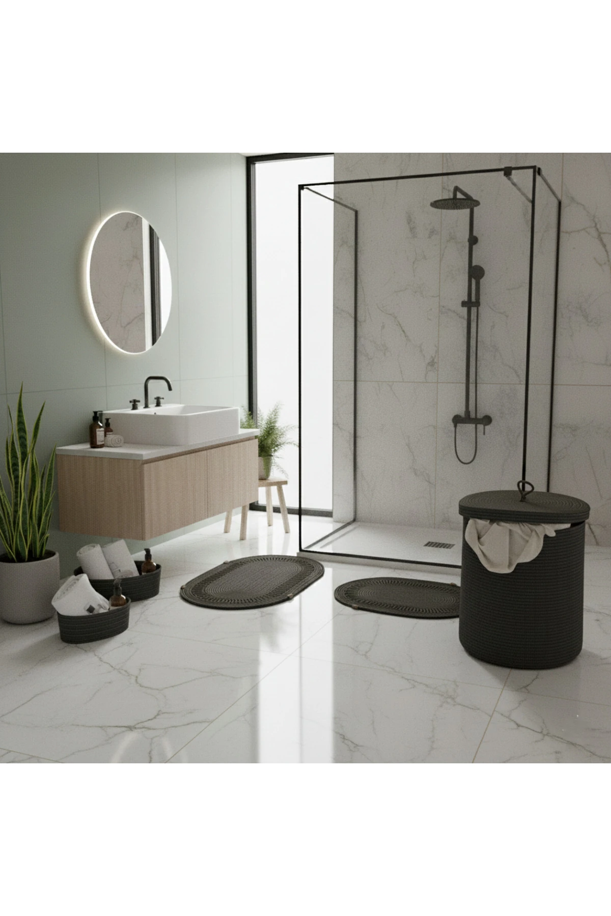 Hasır / Jüt 5 Parça Antrasit Trikotlu Banyo Paspas Takımı | Kirli Sepeti | Oval Sepetler