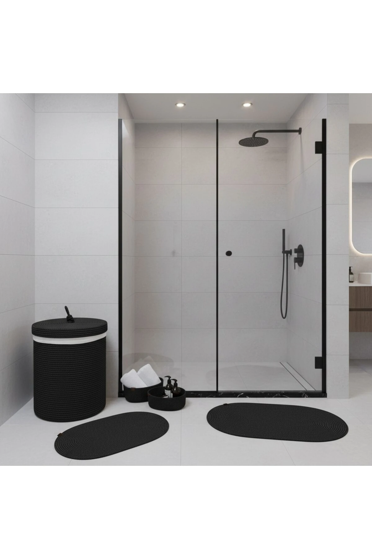 Hasır / Jüt 5 Parça Siyah Banyo Paspas Takımı | Kirli Sepeti | Oval Sepetler