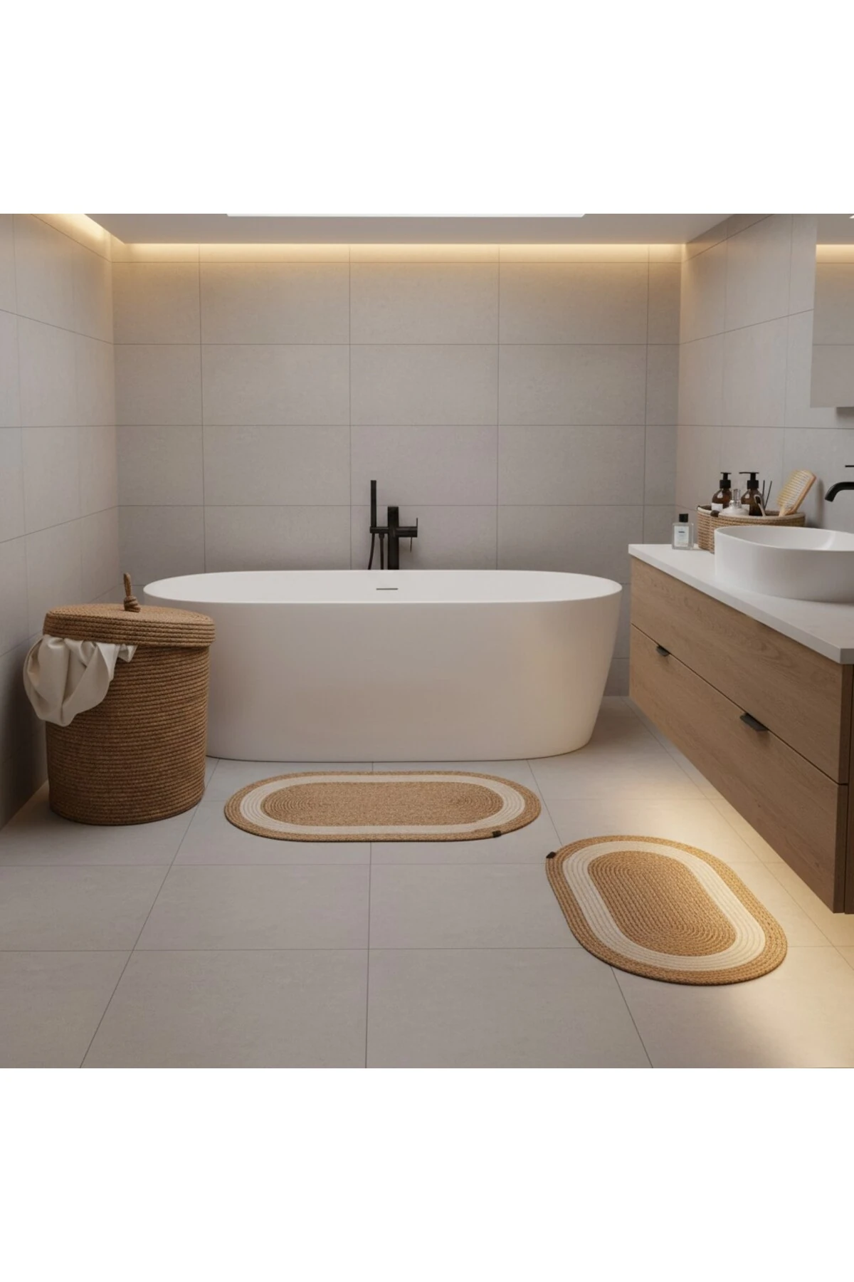 Hasır / Jüt 5 Parça Beyaz Şeritli Banyo Paspas Takımı | Kirli Sepeti | Oval Sepetler