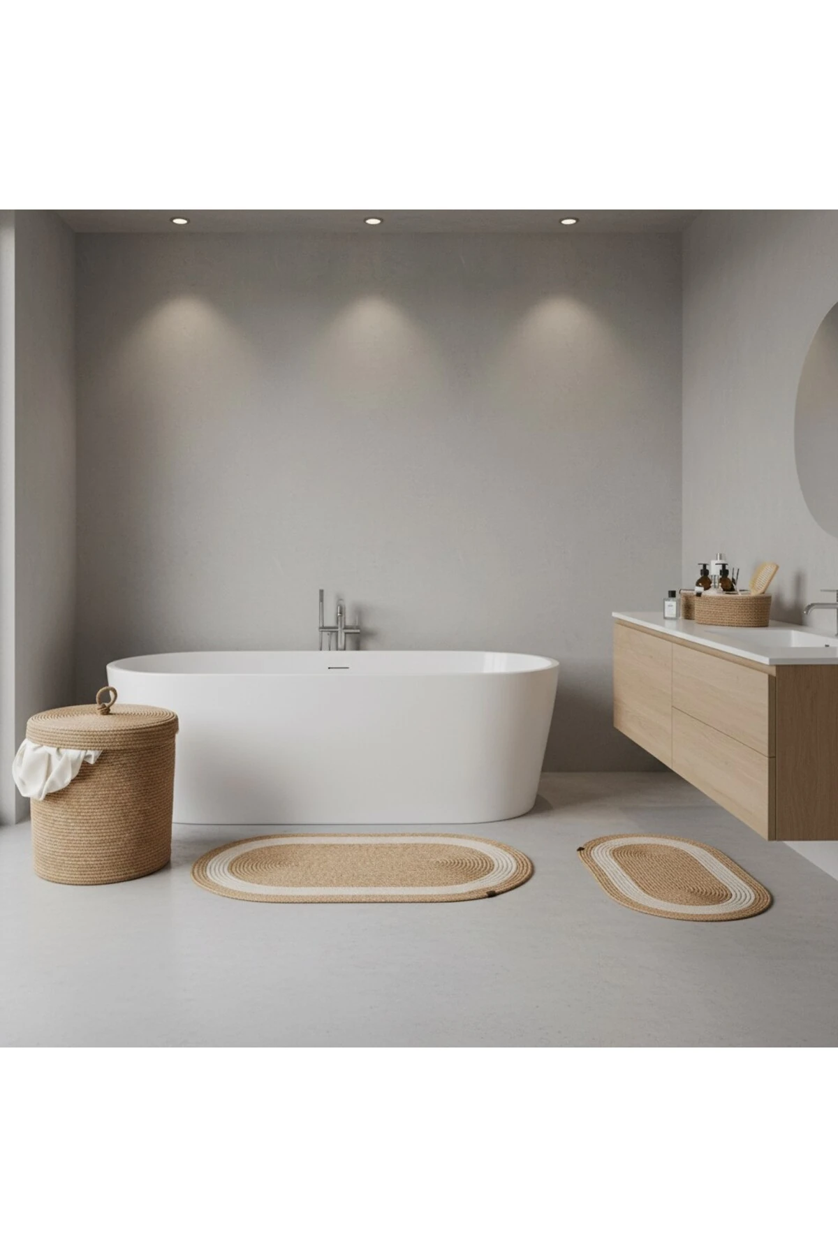 Hasır / Jüt 5 Parça Beyaz Şeritli Banyo Paspas Takımı | Kirli Sepeti | Oval Sepetler