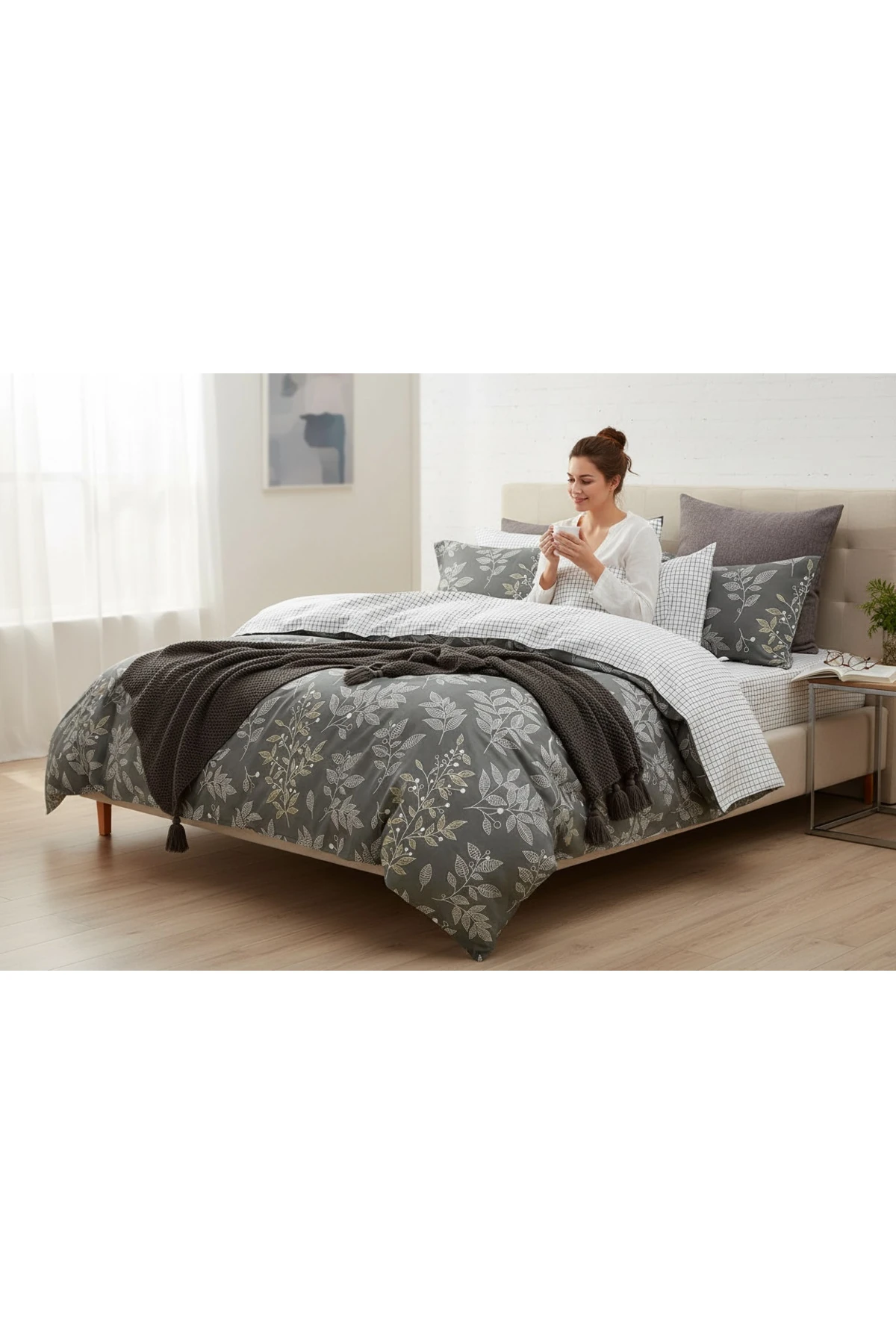 Kolay Ütülenir Nevresim Takımı Çift Kişilik Leaf Zümrüt Yeşili