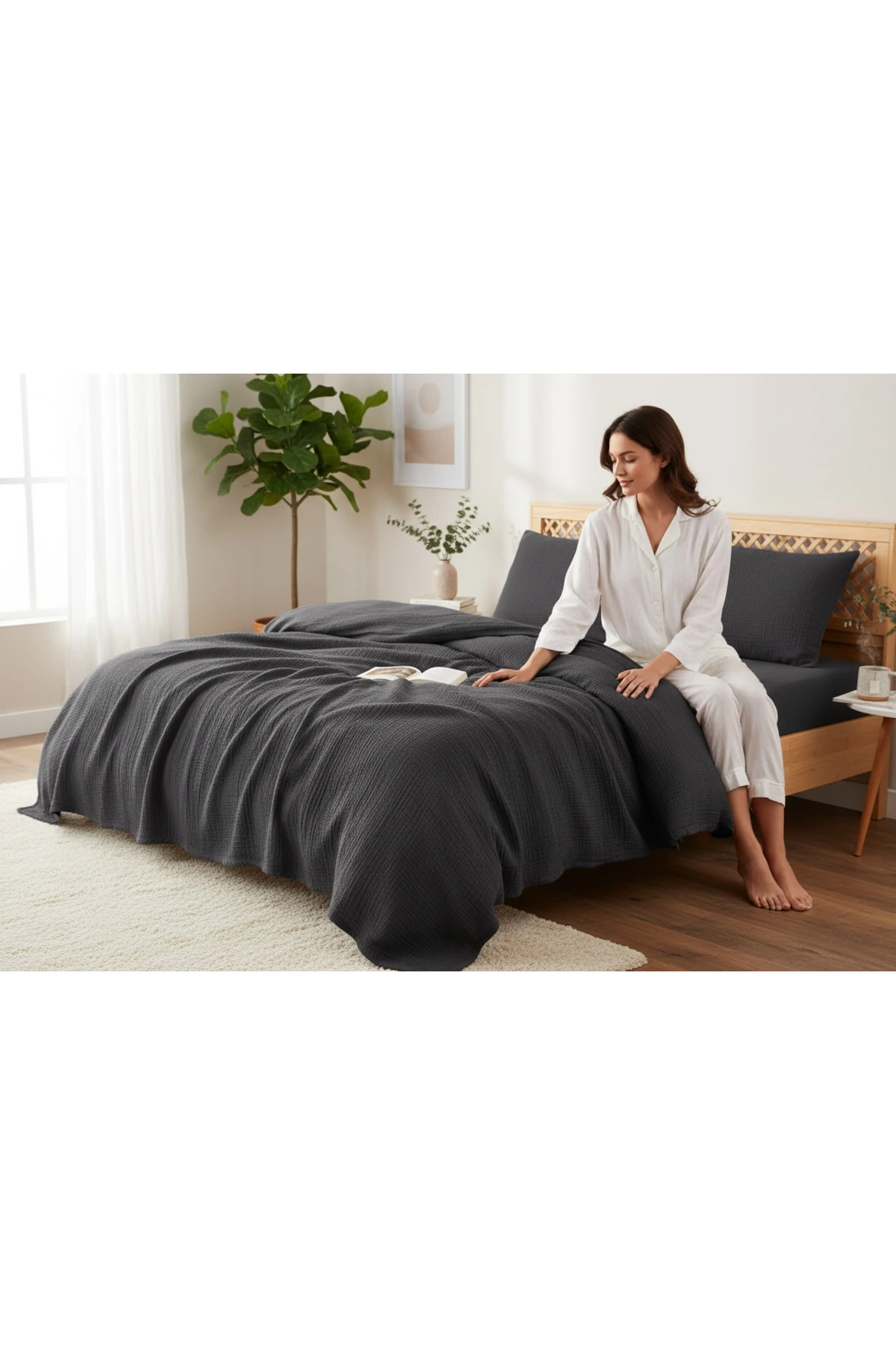 Çift Kişilik Yatak Örtüsü Seti-230x250 Cm 4 Katlı Müslin yazlık Pike & Yastık Kılıfı (3 PARÇA)