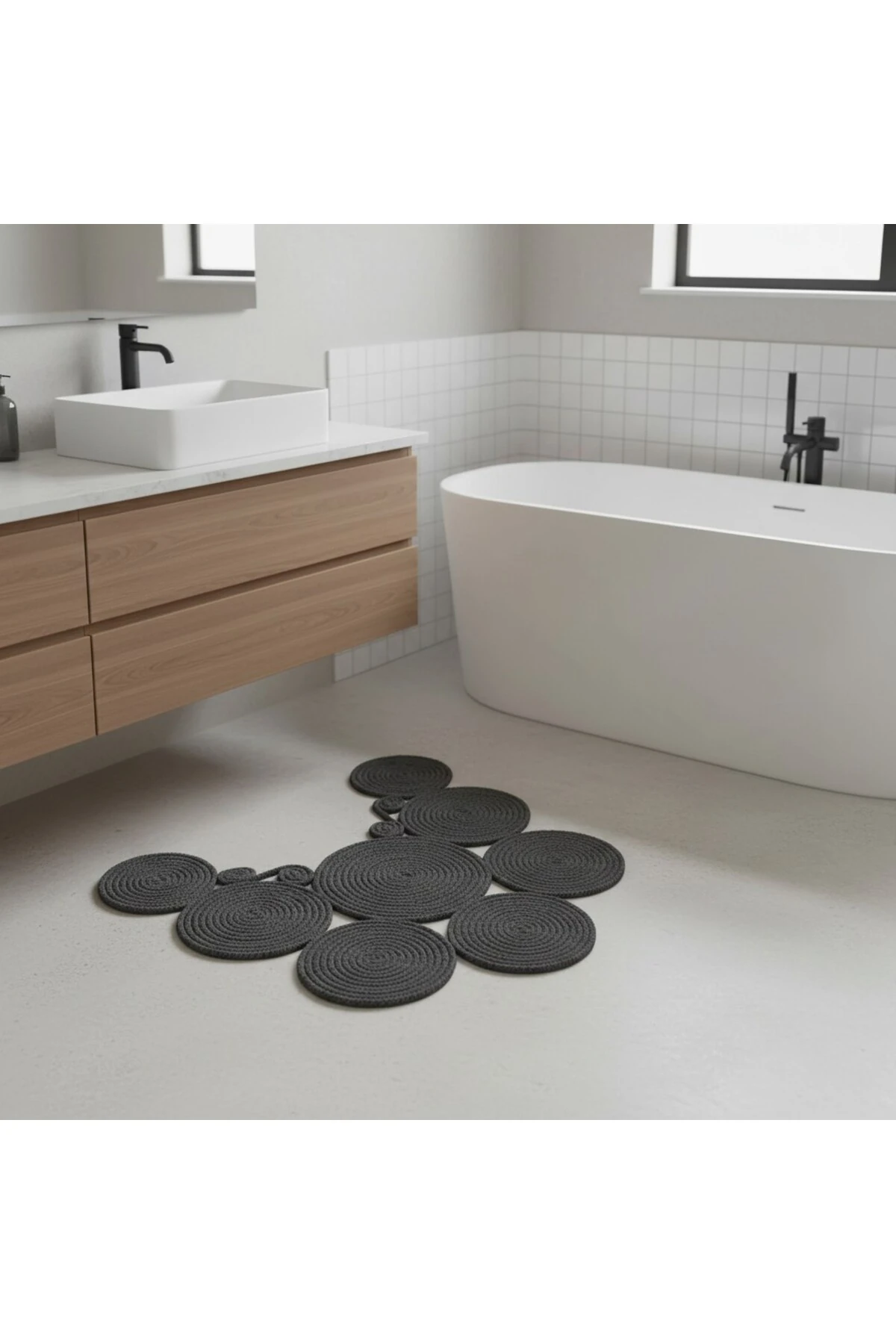 Jüt Hasır Görünümlü | Antrasit | Çift Taraflı Yıkanabilir Banyo Paspası | Klozet Önü | Leke Tutmaz