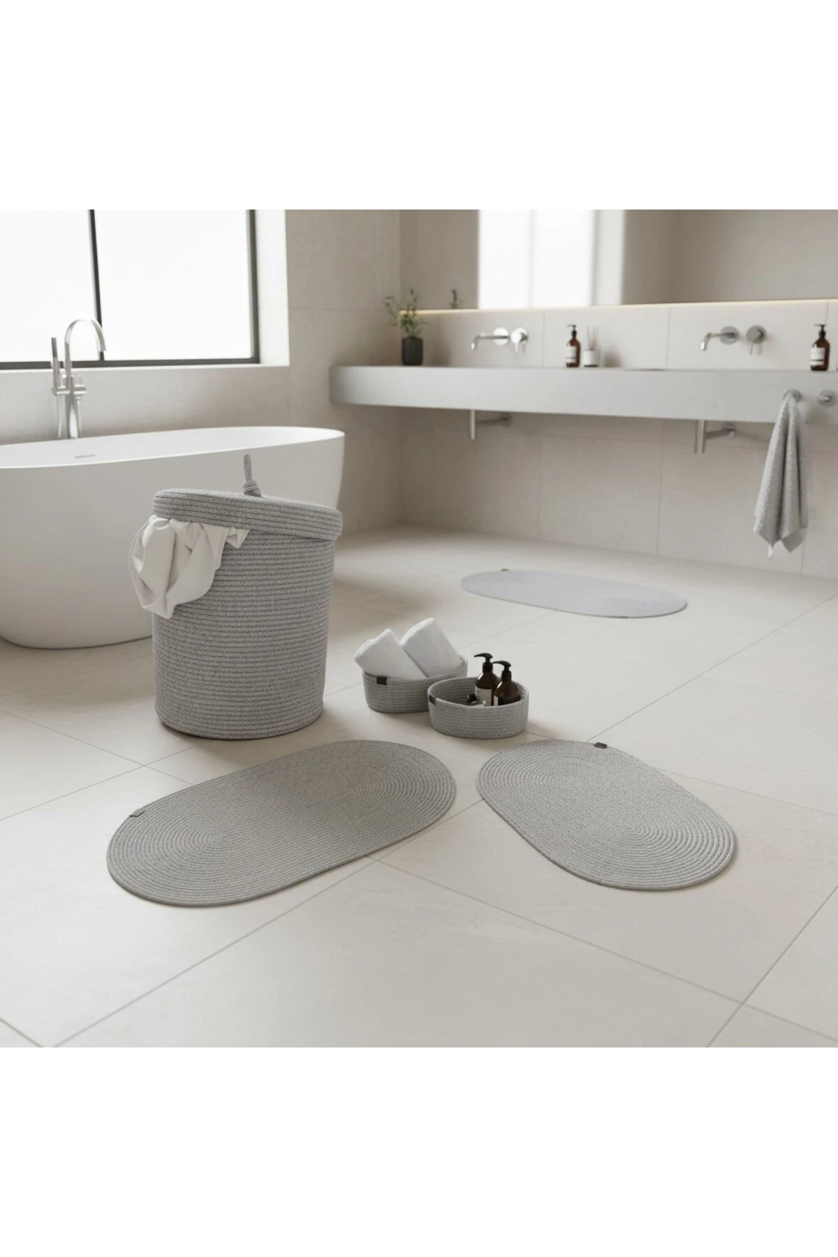 Hasır / Jüt 5 Parça Gri Banyo Paspas Takımı | Kirli Sepeti | Oval Sepetler