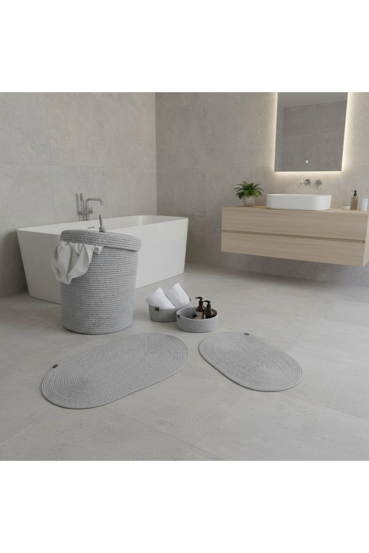 Hasır / Jüt 5 Parça Gri Banyo Paspas Takımı | Kirli Sepeti | Oval Sepetler