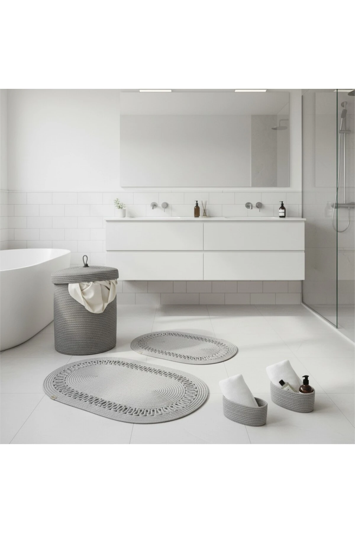 Hasır / Jüt 5 Parça Gri Trikotlu Banyo Paspas Takımı | Kirli Sepeti | Oval Sepetler