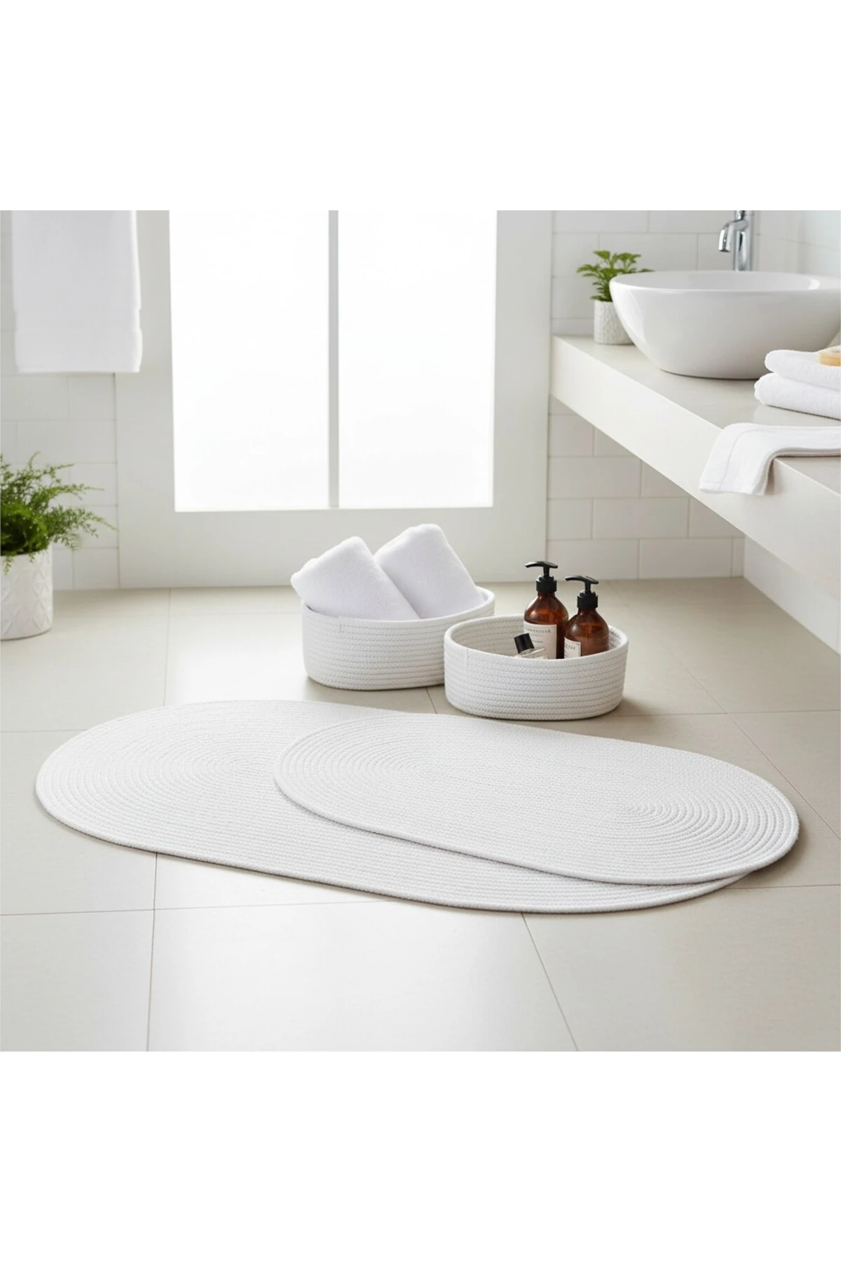 Beyaz Hasır / Jüt 4 Parça Banyo Paspas Takımı | Oval Sepet, Paspas Ve Dekor Seti