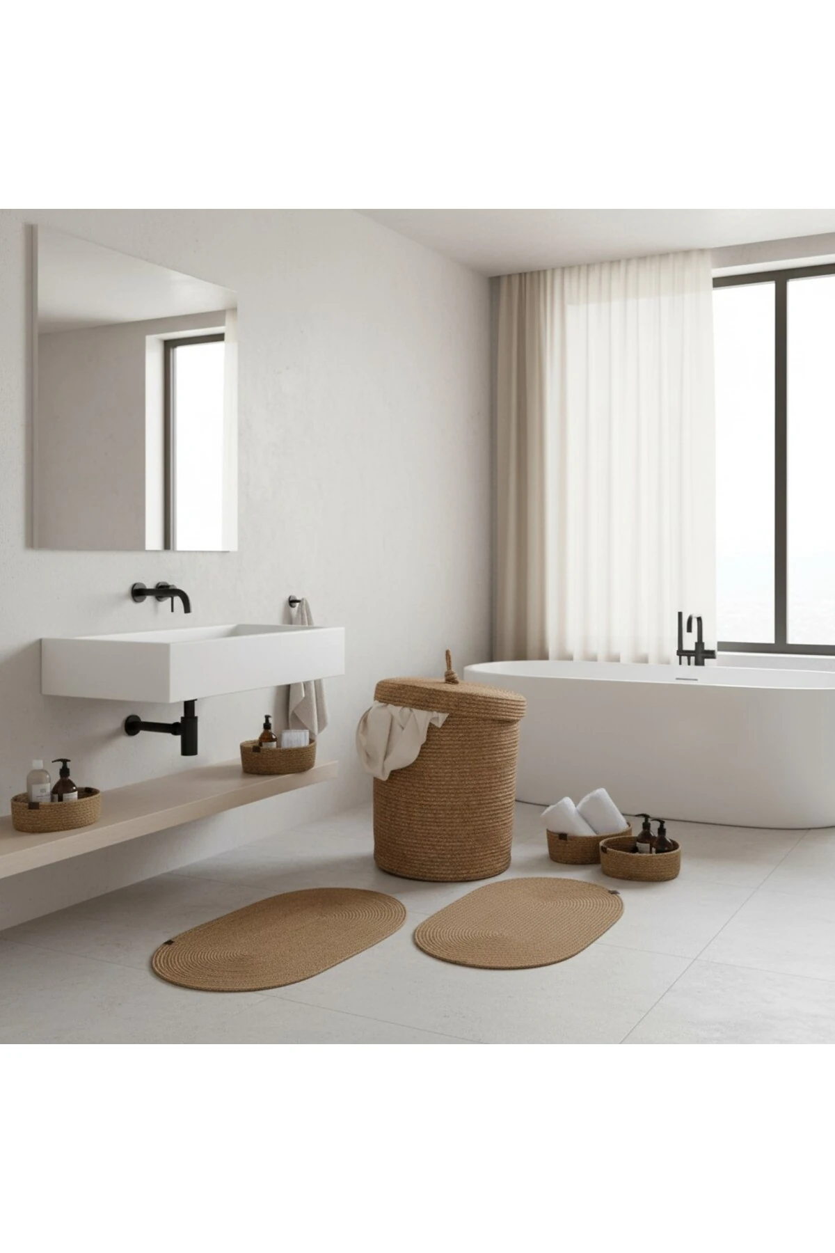 Hasır / Jüt 5 Parça Hasır Banyo Paspas Takımı | Kirli Sepeti | Oval Sepetler