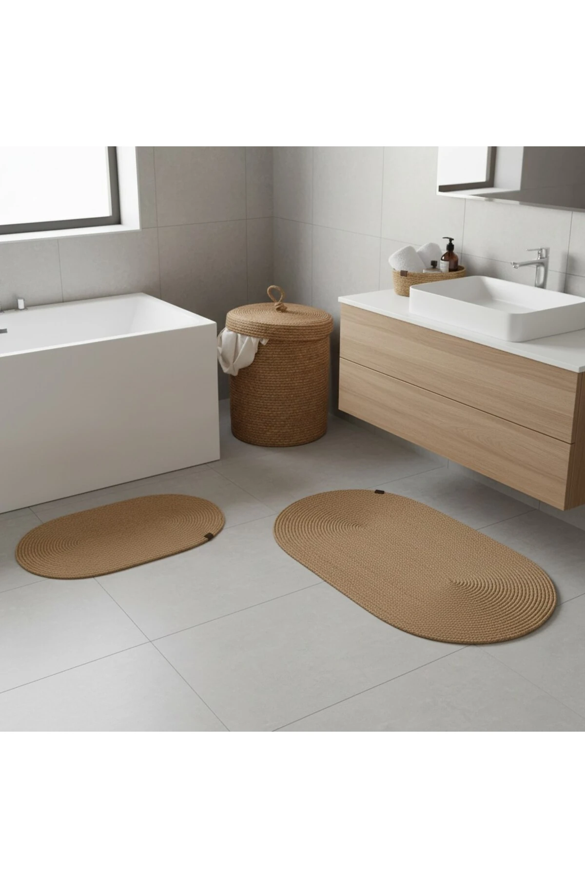 Hasır / Jüt 5 Parça Hasır Banyo Paspas Takımı | Kirli Sepeti | Oval Sepetler