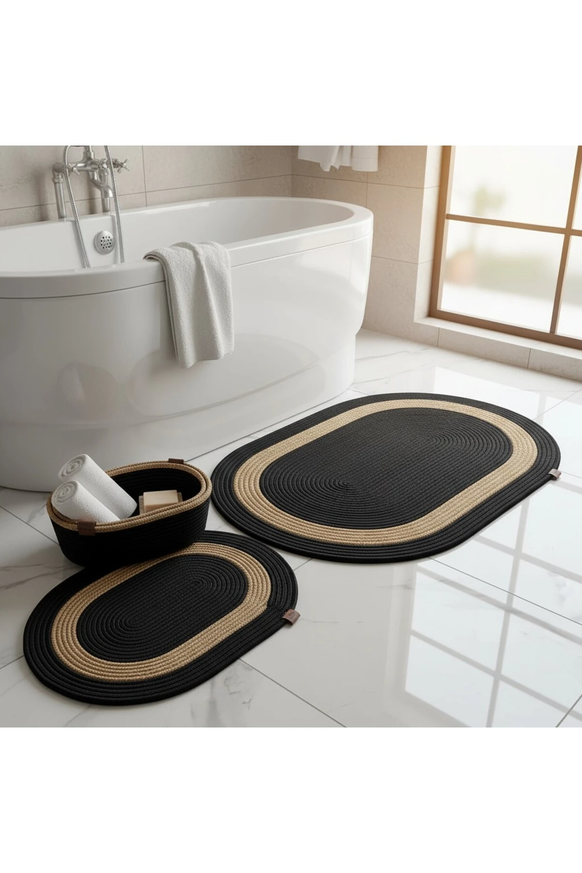 Siyah Hasır / Jüt 4 Parça Hasır Şeritli Banyo Paspas Takımı | Oval Sepet, Paspas Ve Dekor Seti