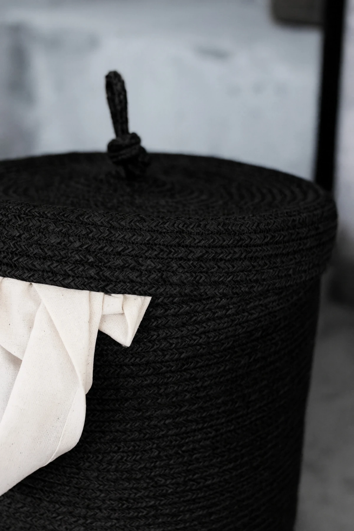 Jüt Kapaklı Hasır Kirli Çamaşır Sepeti Siyah | Oyuncak, Banyo Organizeri | 35x40 Cm