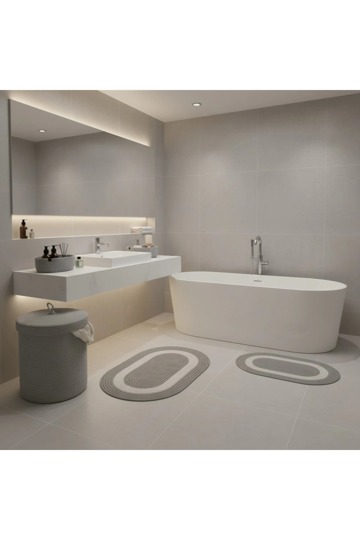 Hasır / Jüt 5 Parça Gri Beyaz Şeritli Banyo Paspas Takımı | Kirli Sepeti | Oval Sepetler