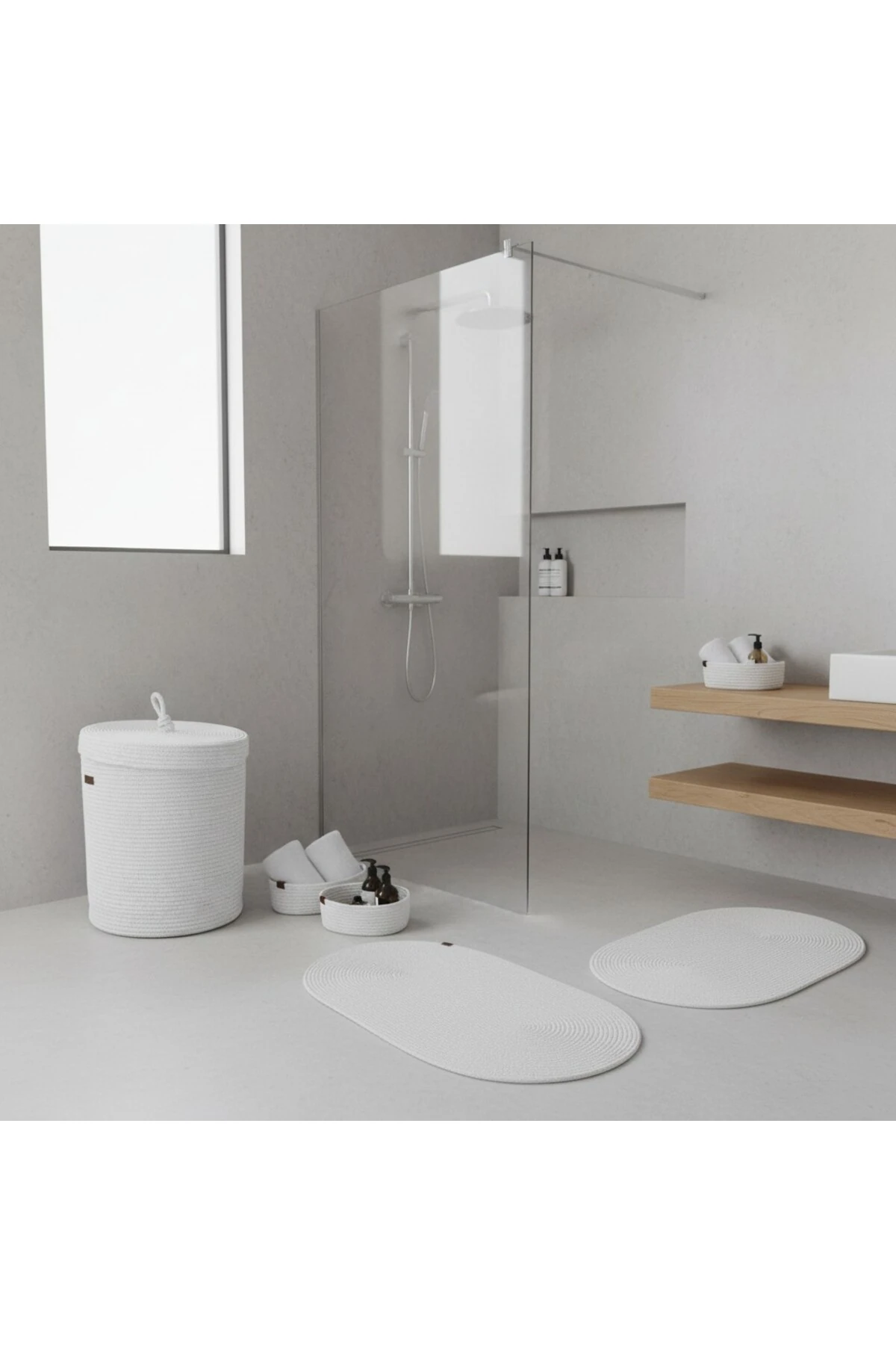 Hasır / Jüt 5 Parça Beyaz Banyo Paspas Takımı | Kirli Sepeti | Oval Sepetler