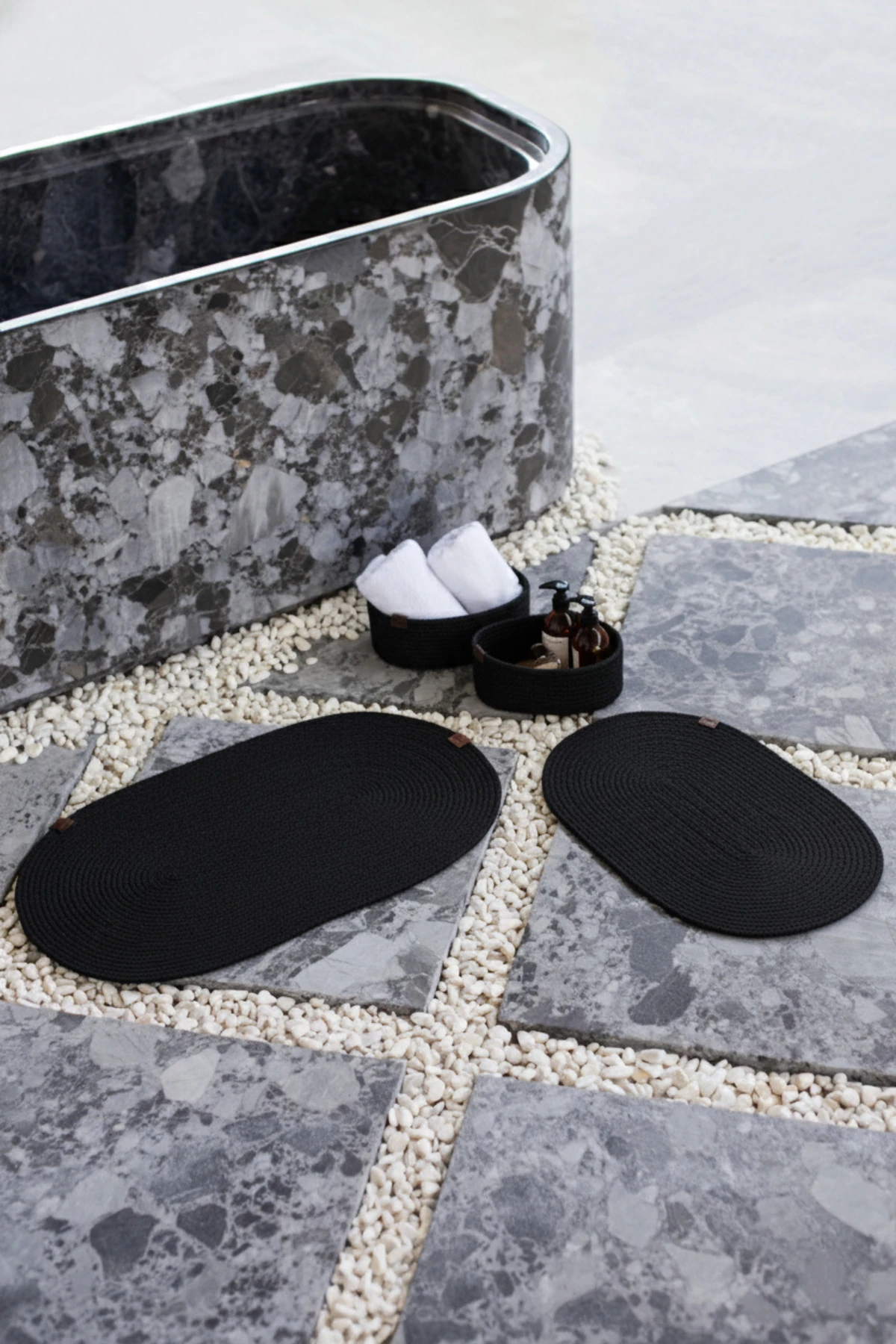Siyah Hasır / Jüt 4 Parça Banyo Paspas Takımı | Oval Sepet, Paspas Ve Dekor Seti