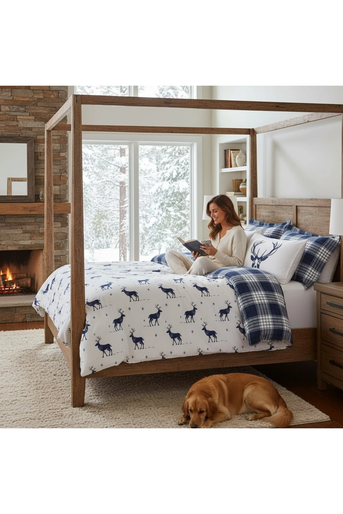 Kolay Ütülenir Tek Kişilik Nevresim Takımı Lacivert Geyik