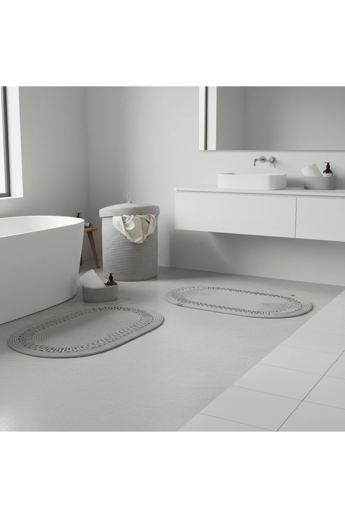 Hasır / Jüt 5 Parça Gri Trikotlu Banyo Paspas Takımı | Kirli Sepeti | Oval Sepetler