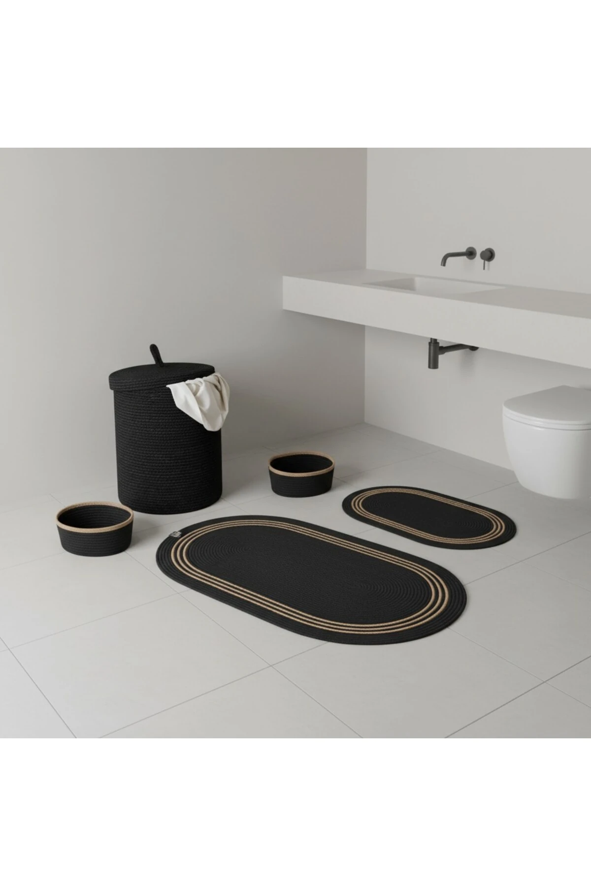 Hasır / Jüt 5 Parça Hasır Çizgili Banyo Paspas Takımı | Kirli Sepeti | Oval Sepetler