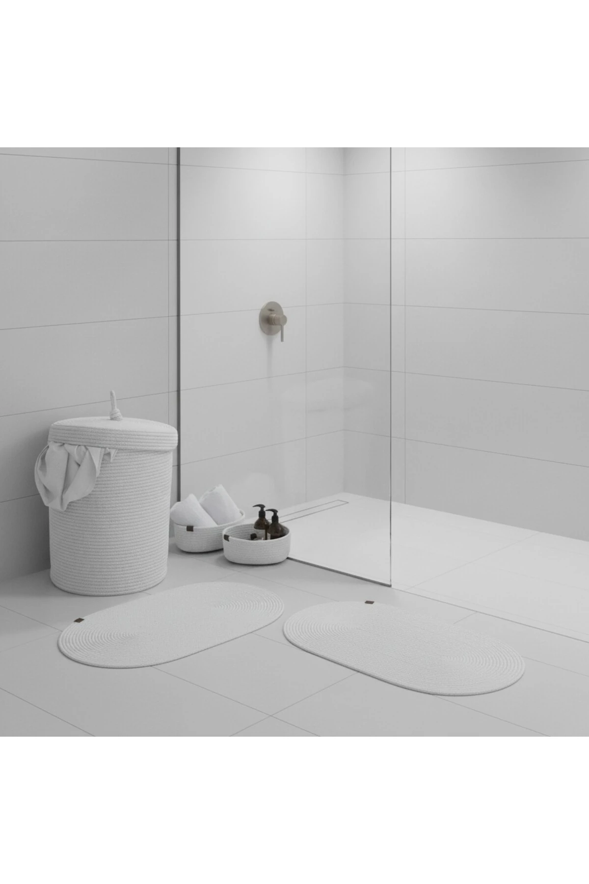 Hasır / Jüt 5 Parça Beyaz Banyo Paspas Takımı | Kirli Sepeti | Oval Sepetler